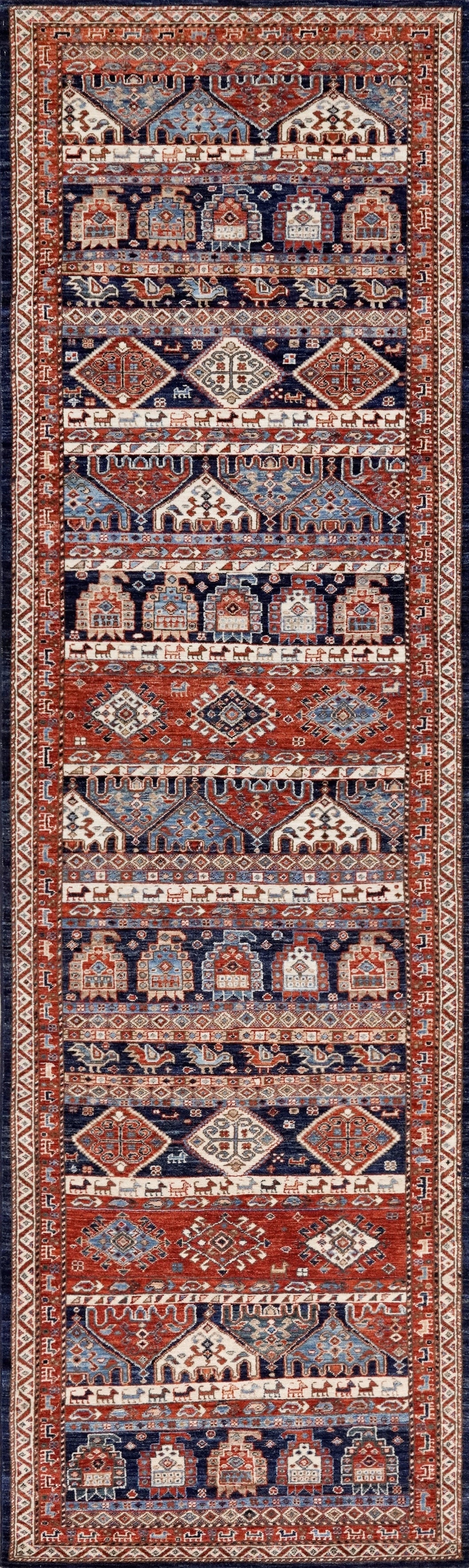 12 Ft Blue & Red Tribal Runner Rug - Afghan Hand Knotted  Rug