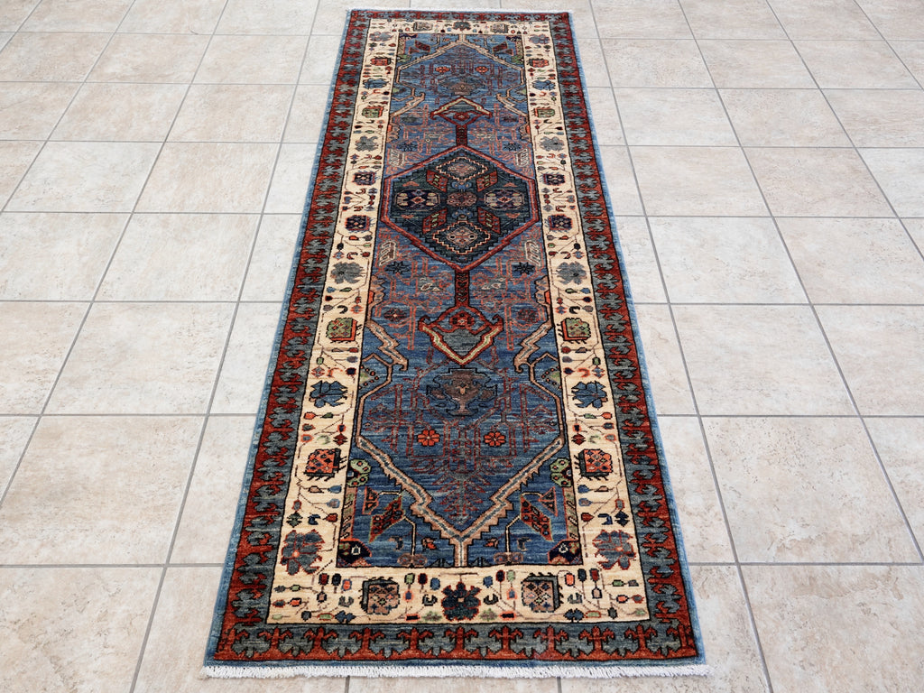 8 Ft Blue Oriental Runner Rug - Afghan Hand Knotted Rug
