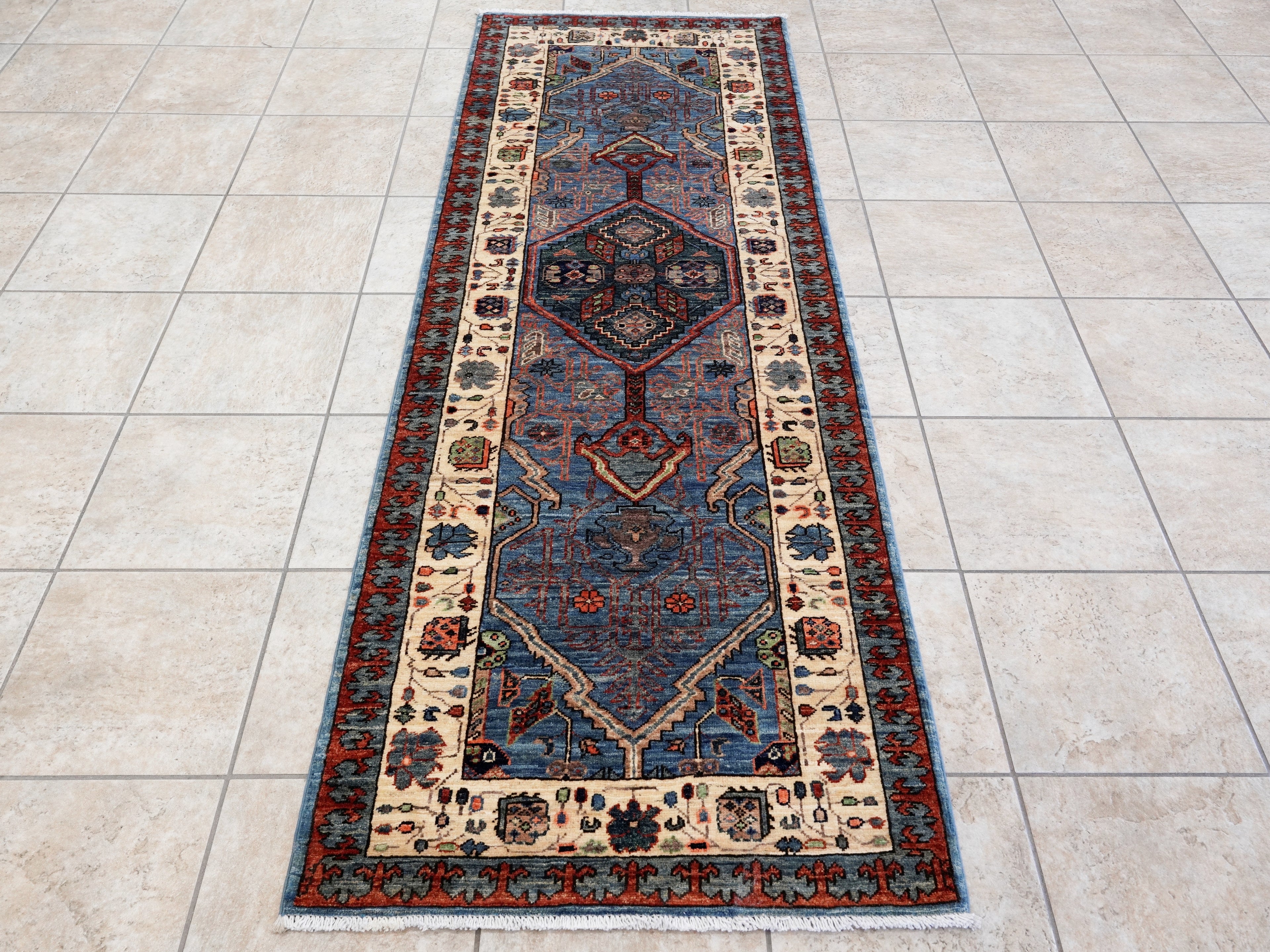 8 Ft Blue Oriental Runner Rug - Afghan Hand Knotted Rug