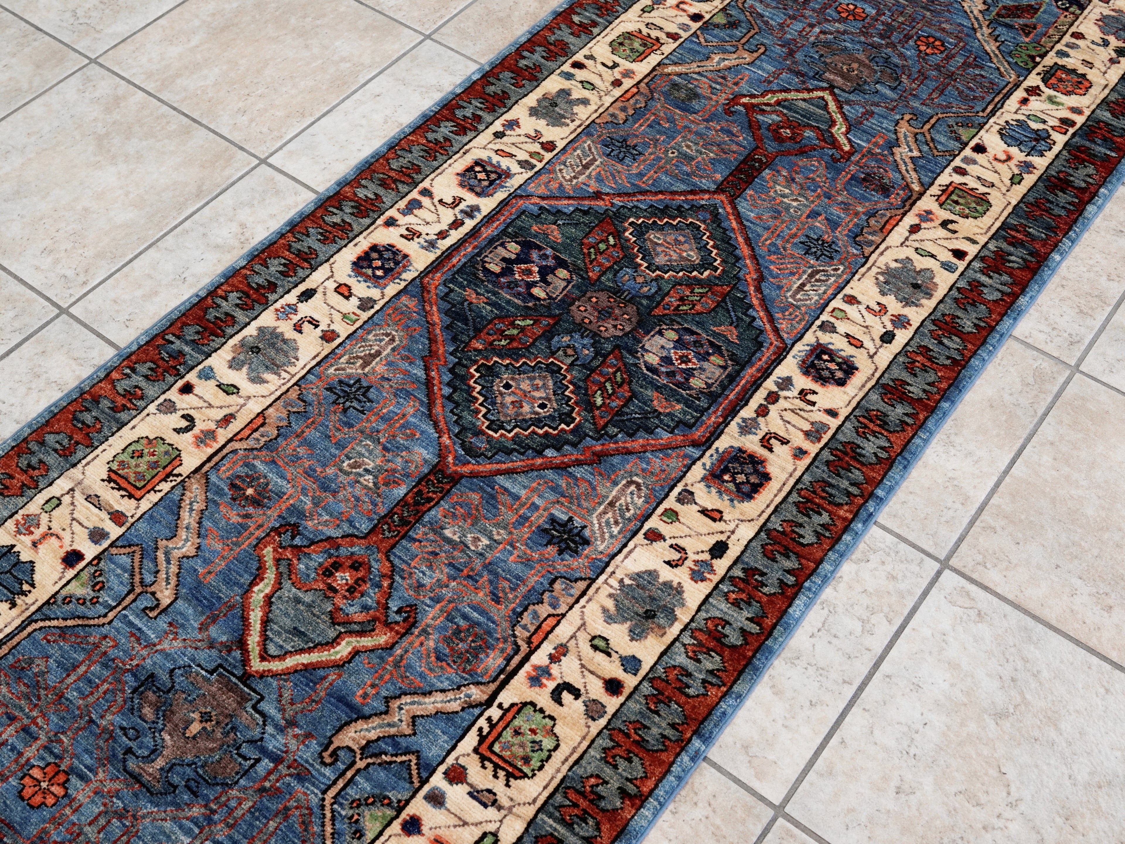 8 Ft Blue Oriental Runner Rug - Afghan Hand Knotted Rug