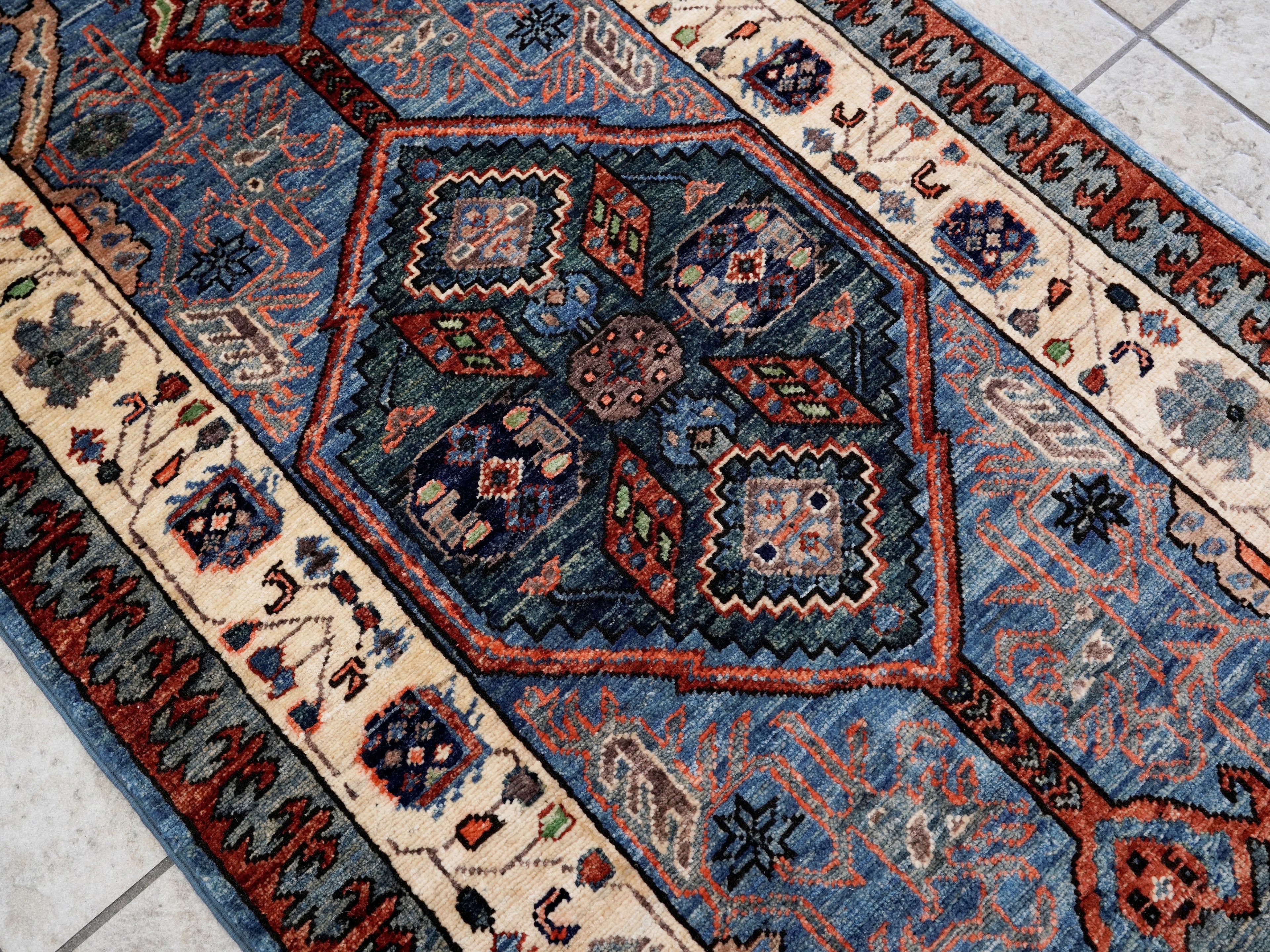 8 Ft Blue Oriental Runner Rug - Afghan Hand Knotted Rug