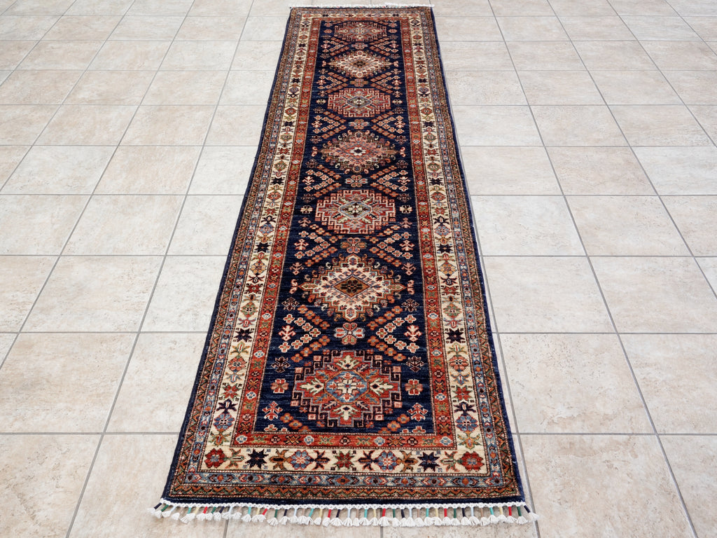 10 Ft Blue Kazak Runner Rug - Hand Knotted Hallway Rug
