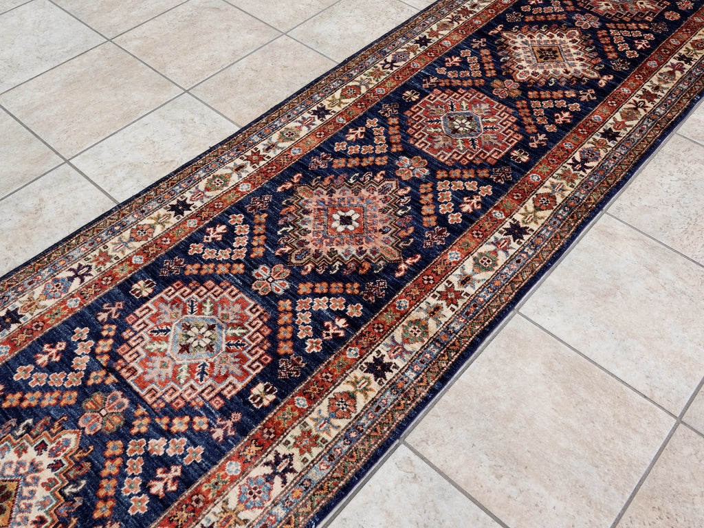 10 Ft Blue Kazak Runner Rug - Hand Knotted Hallway Rug