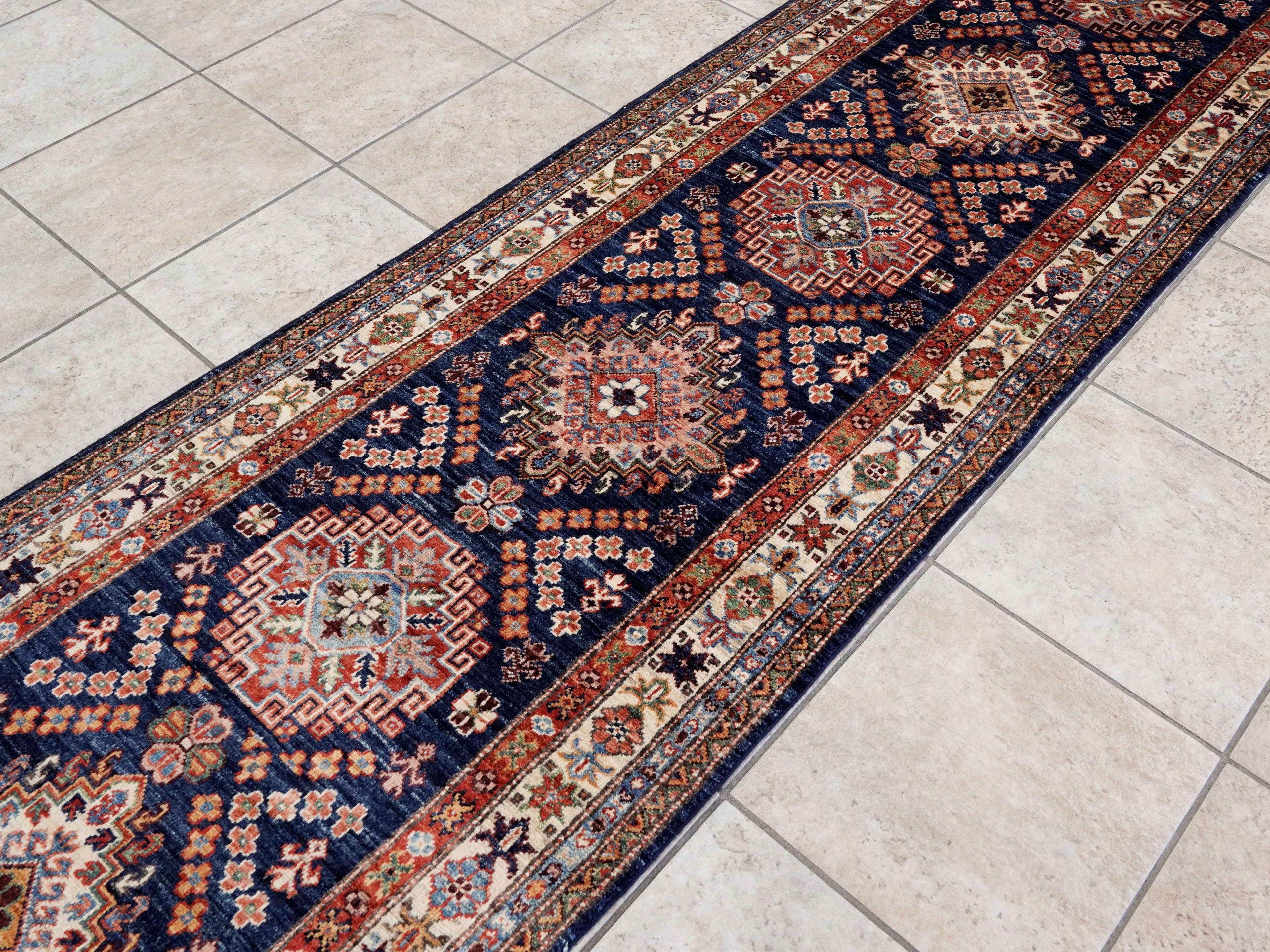 10 Ft Blue Kazak Runner Rug - Hand Knotted Hallway Rug