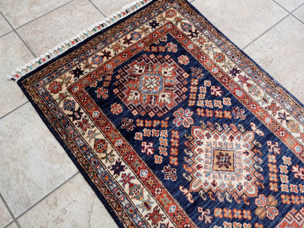 10 Ft Blue Kazak Runner Rug - Hand Knotted Hallway Rug