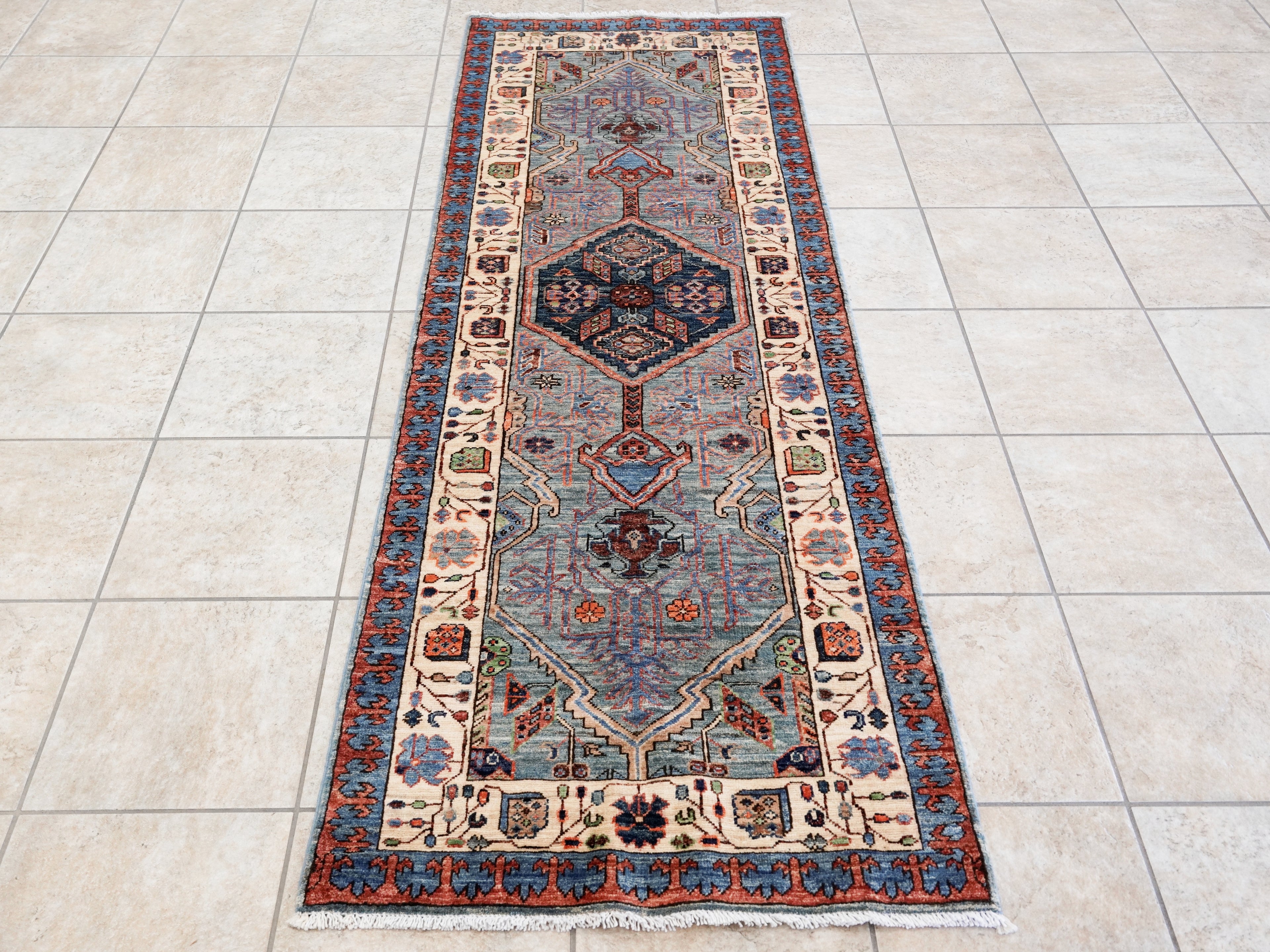 8 Ft Blue Oriental Runner Rug - Afghan Hand Knotted Rug