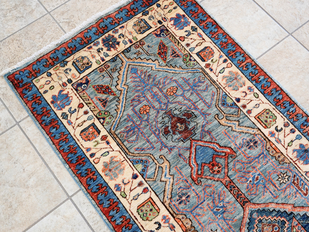 8 Ft Blue Oriental Runner Rug - Afghan Hand Knotted Rug