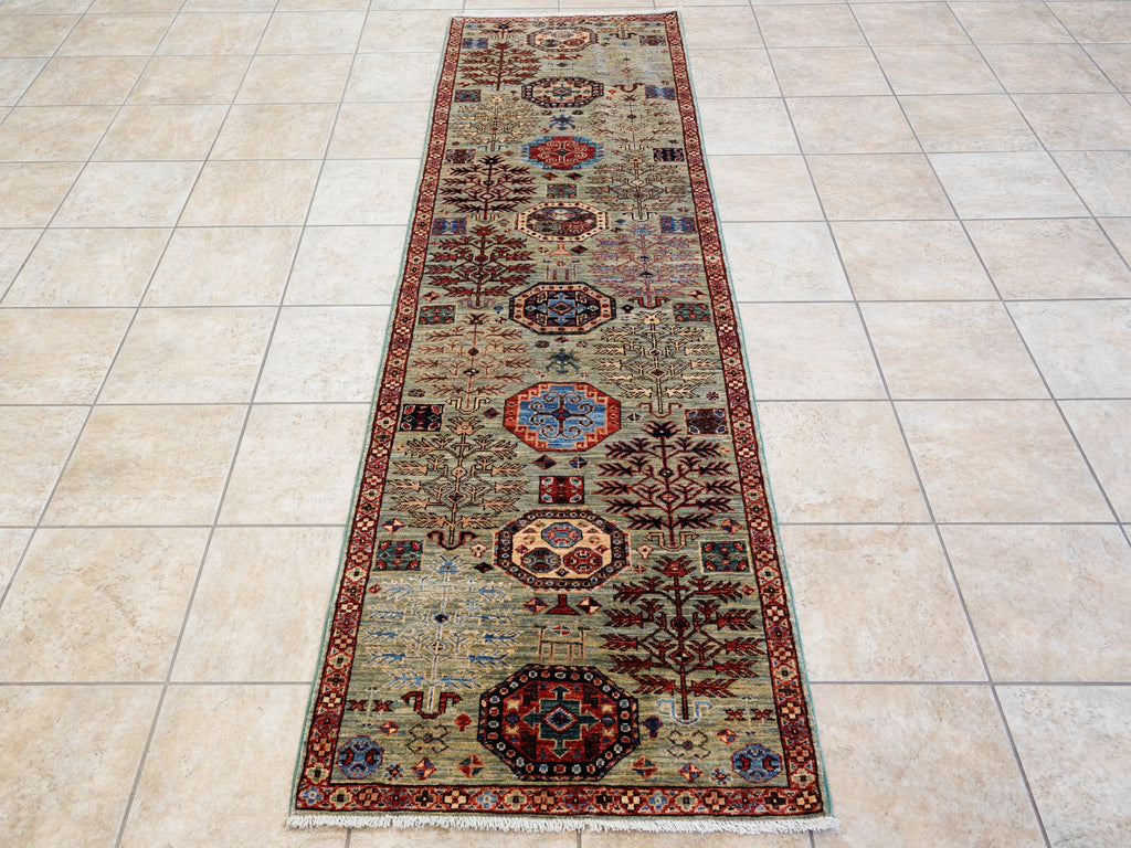 10 Ft Blue Green Oriental Runner Rug - Hand Knotted Afghan Rug