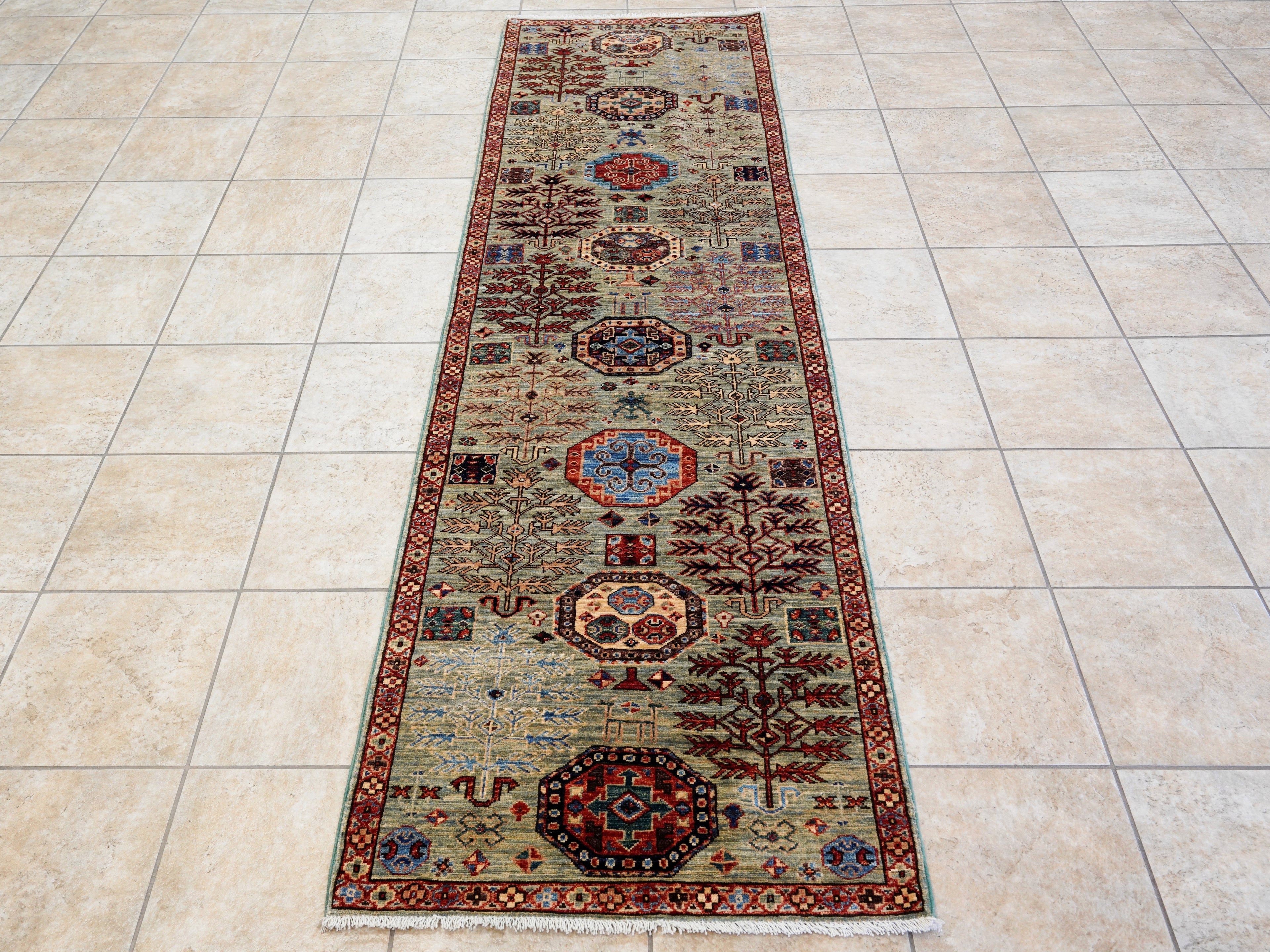 10 Ft Blue Green Oriental Runner Rug - Hand Knotted Afghan Rug