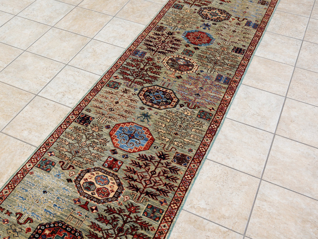 10 Ft Blue Green Oriental Runner Rug - Hand Knotted Afghan Rug