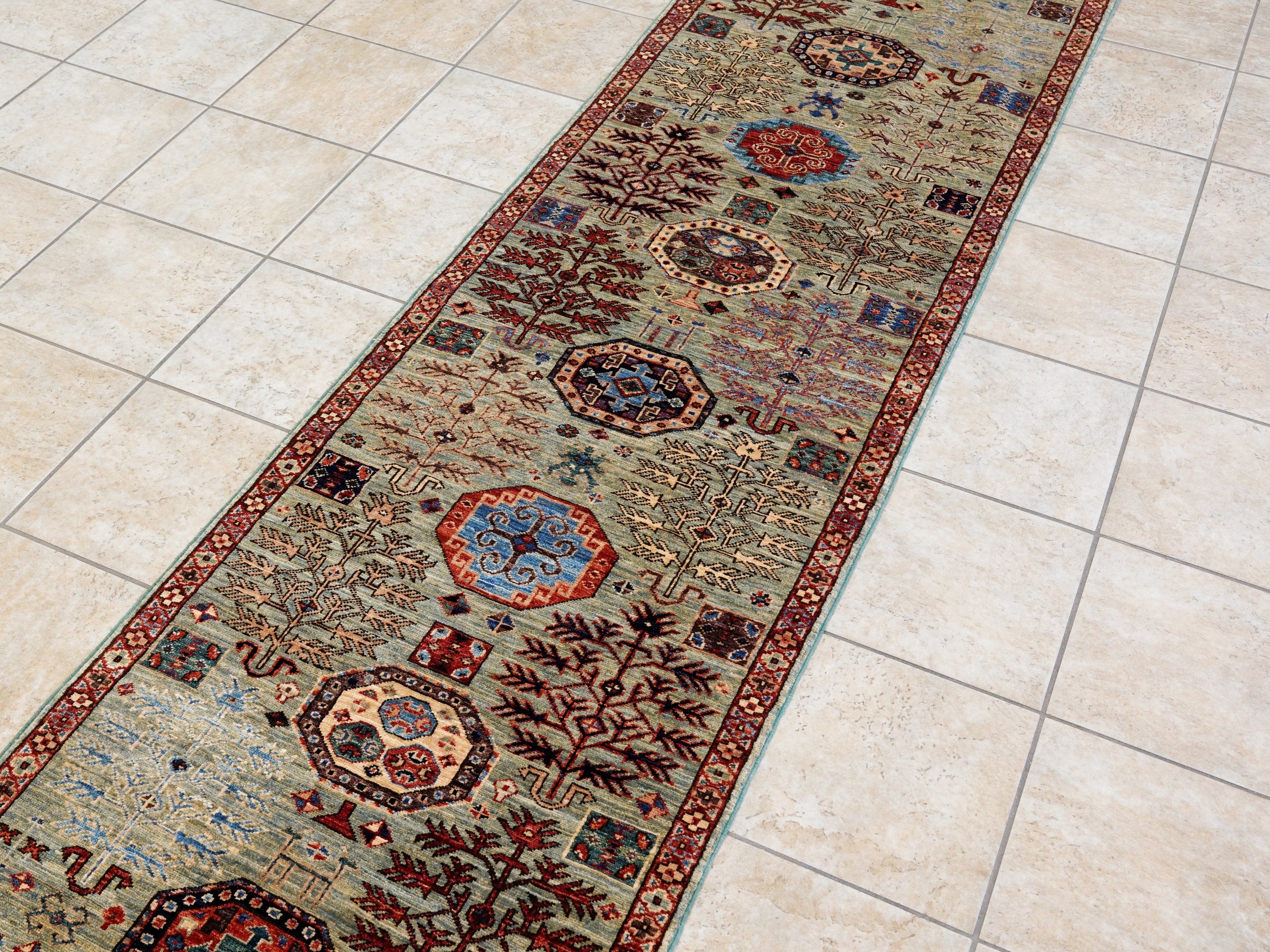 10 Ft Blue Green Oriental Runner Rug - Hand Knotted Afghan Rug