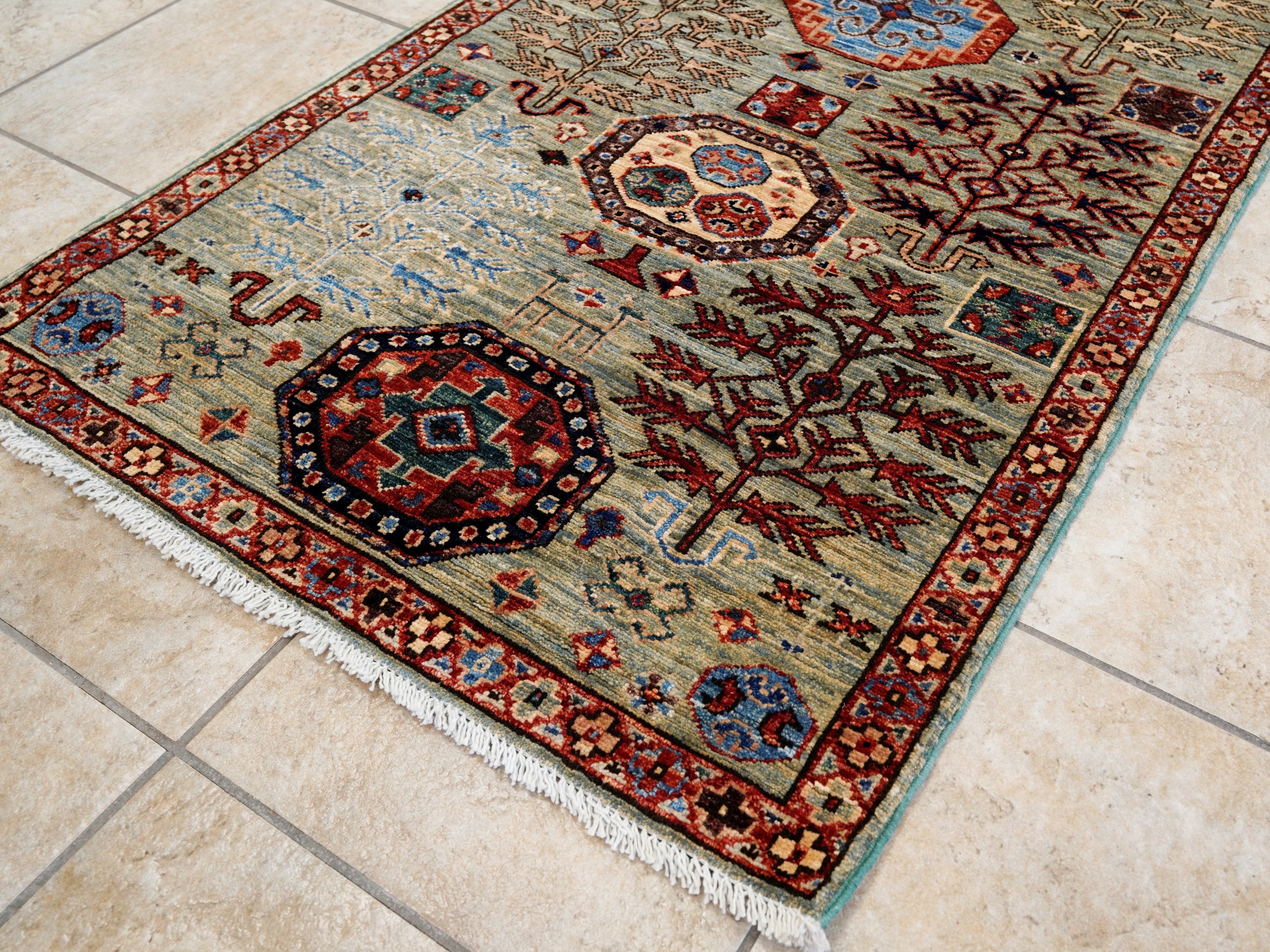 10 Ft Blue Green Oriental Runner Rug - Hand Knotted Afghan Rug