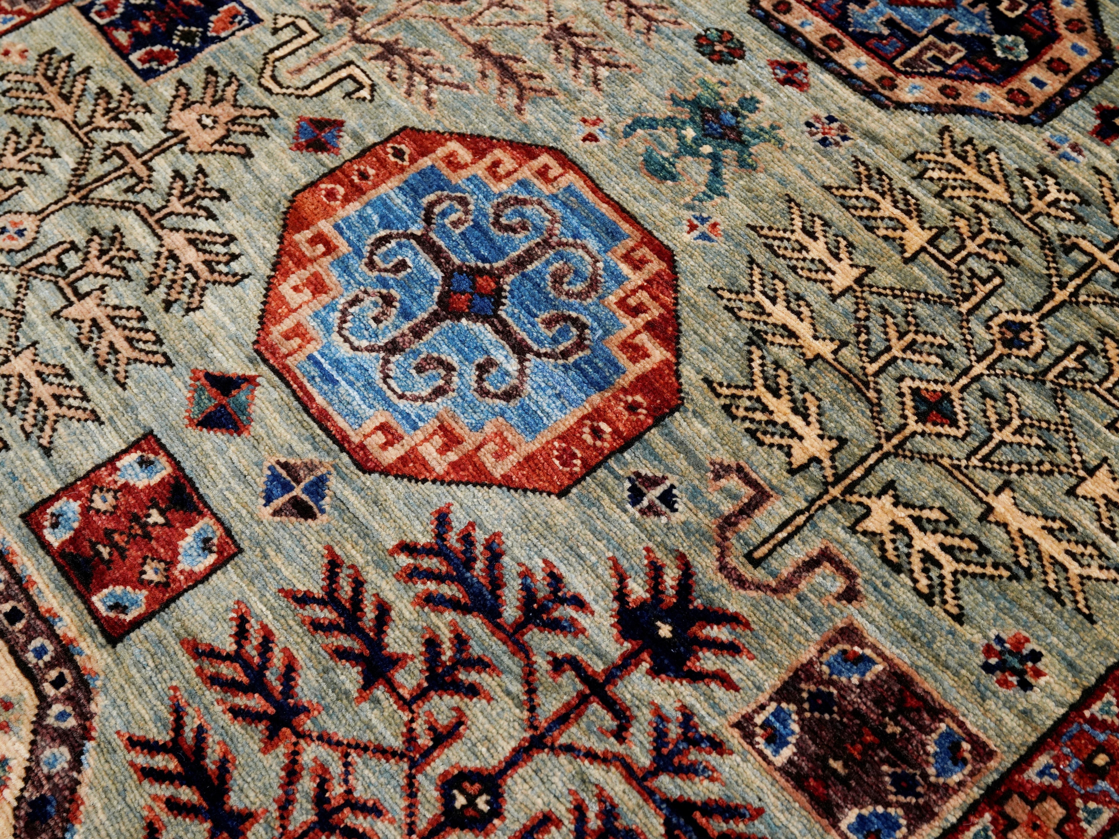 10 Ft Blue Green Oriental Runner Rug - Hand Knotted Afghan Rug