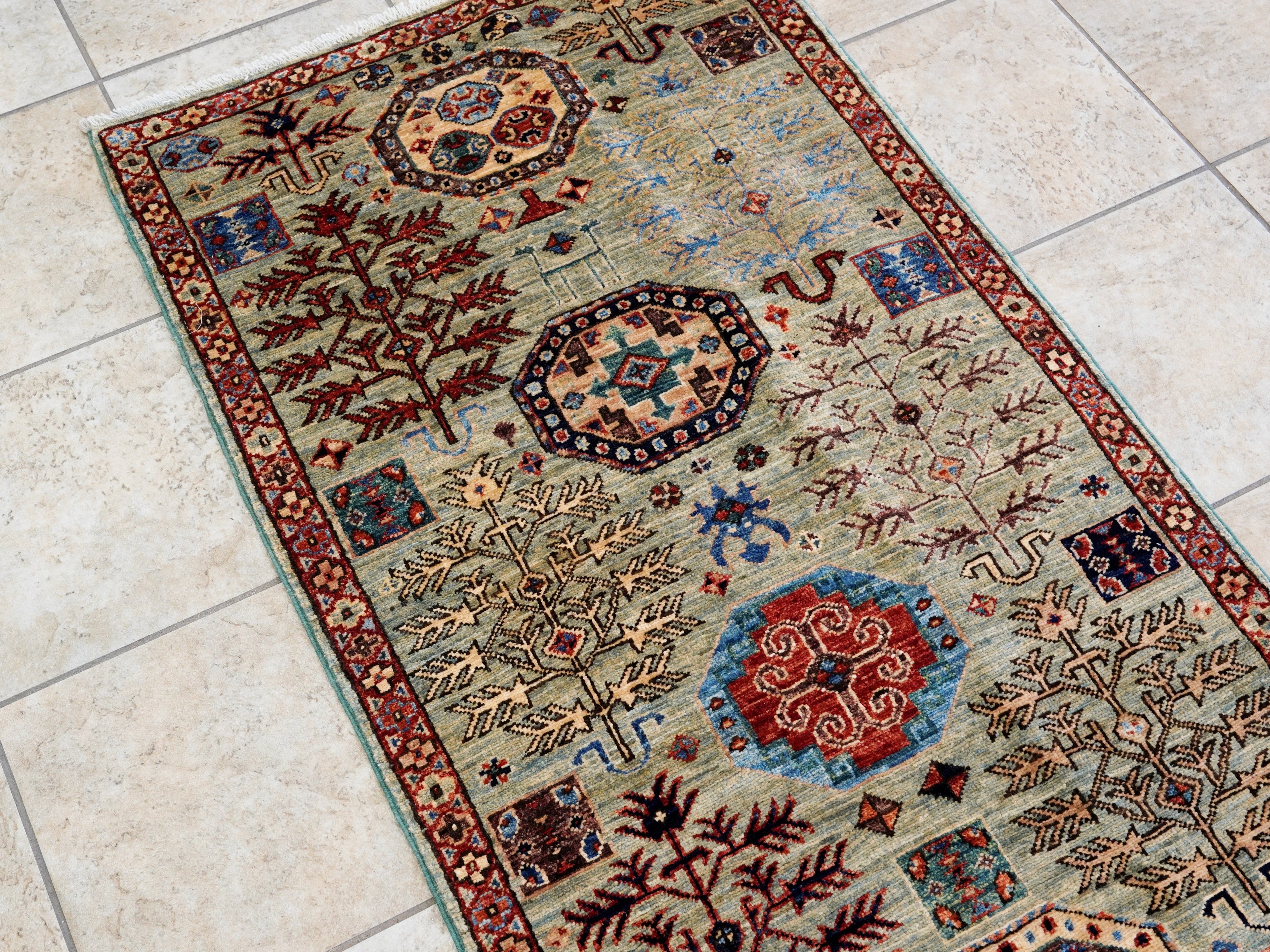 10 Ft Blue Green Oriental Runner Rug - Hand Knotted Afghan Rug