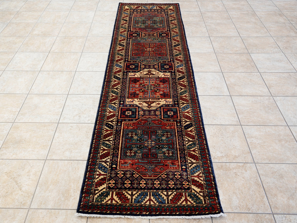 10 Ft Blue Oriental Runner Rug - Hand Knotted Afghan Rug