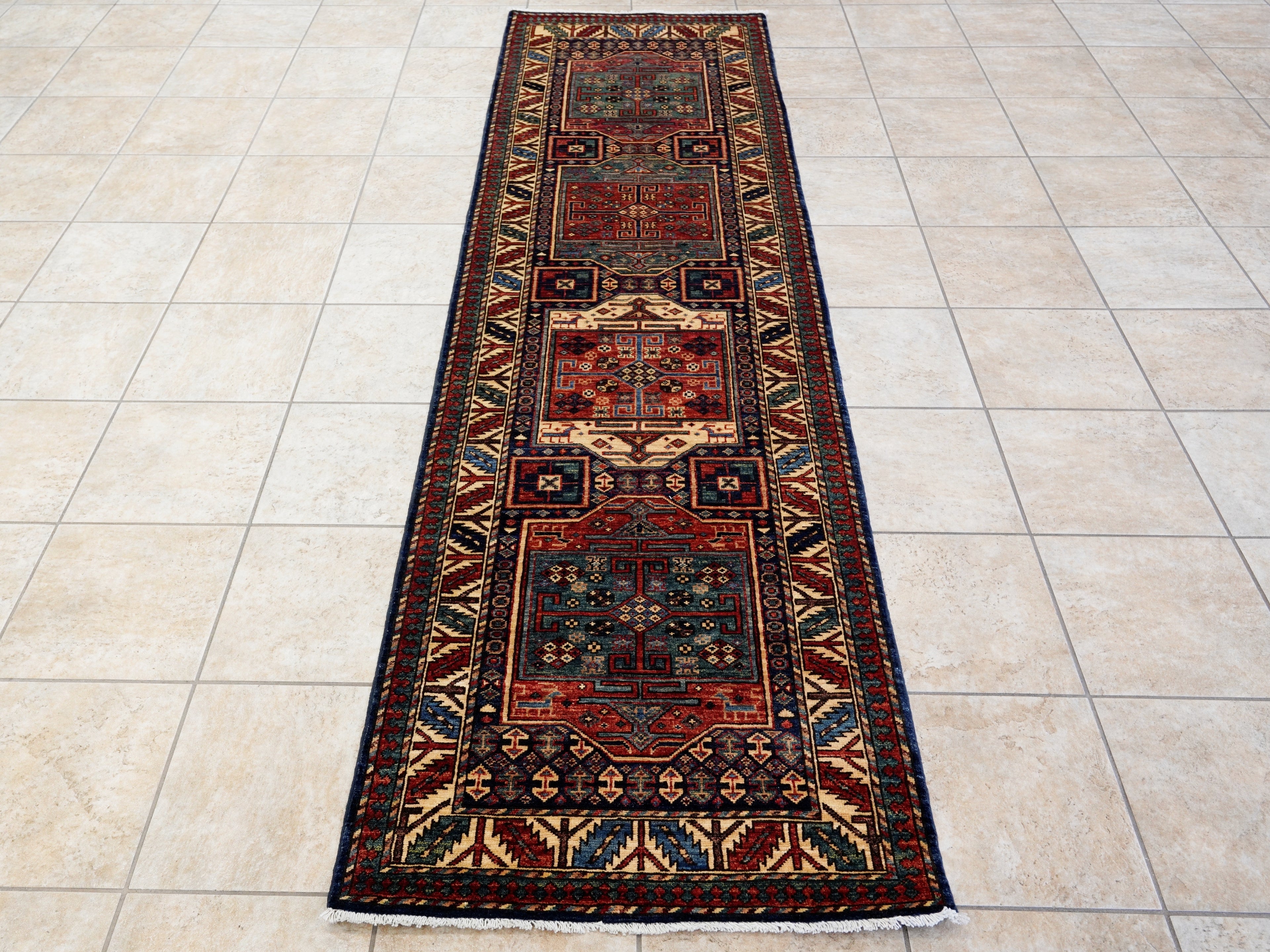 10 Ft Blue Oriental Runner Rug - Hand Knotted Afghan Rug