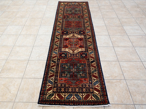 10 Ft Blue Oriental Runner Rug - Hand Knotted Afghan Rug