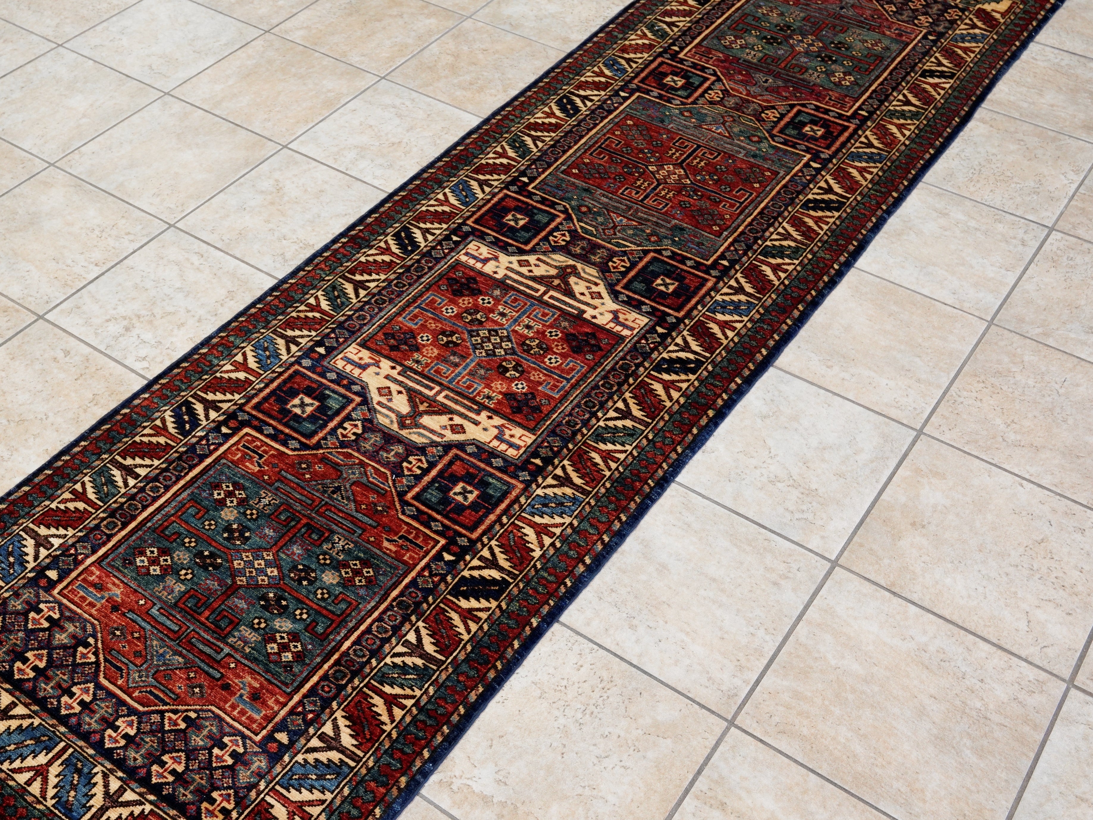 10 Ft Blue Oriental Runner Rug - Hand Knotted Afghan Rug