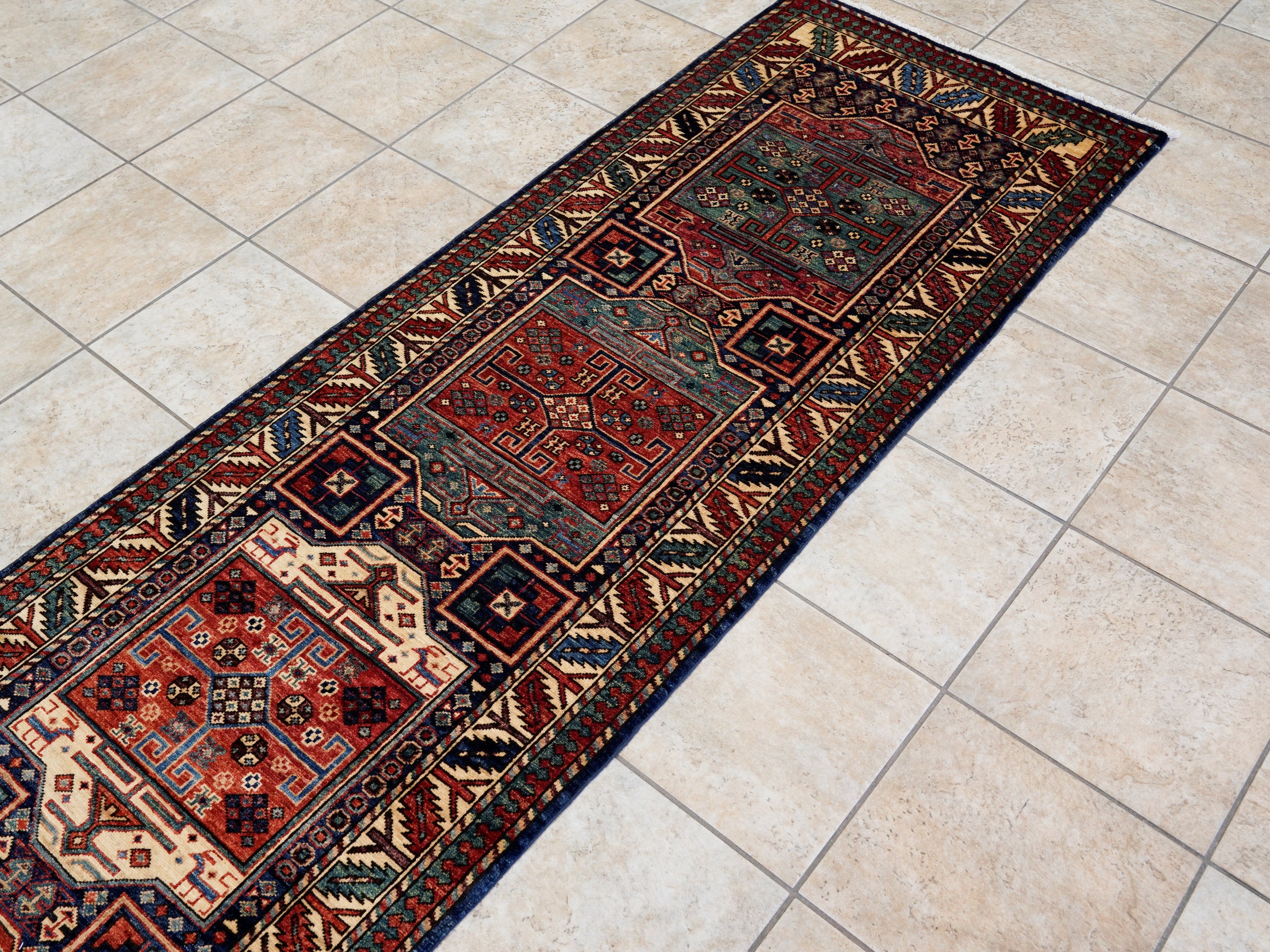 10 Ft Blue Oriental Runner Rug - Hand Knotted Afghan Rug