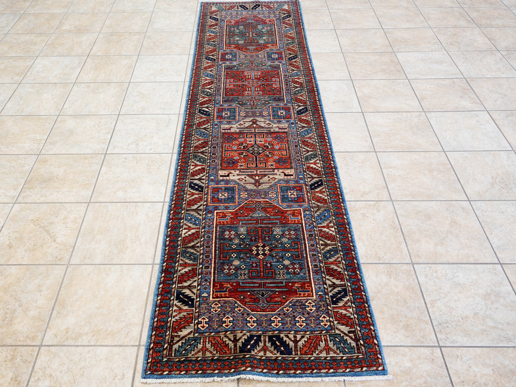 10 Ft Blue Oriental Runner Rug - Hand Knotted Afghan Rug