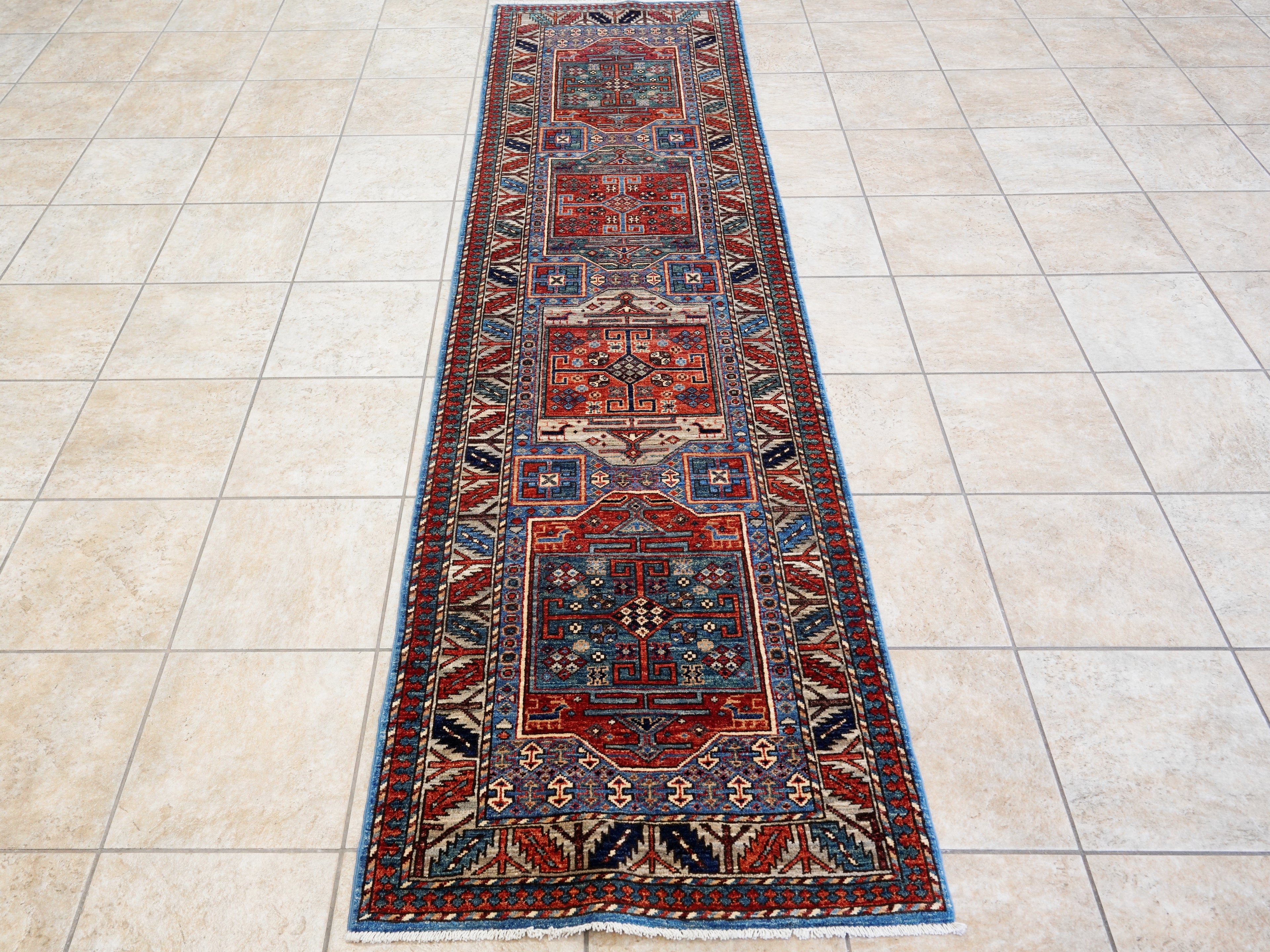10 Ft Blue Oriental Runner Rug - Hand Knotted Afghan Rug