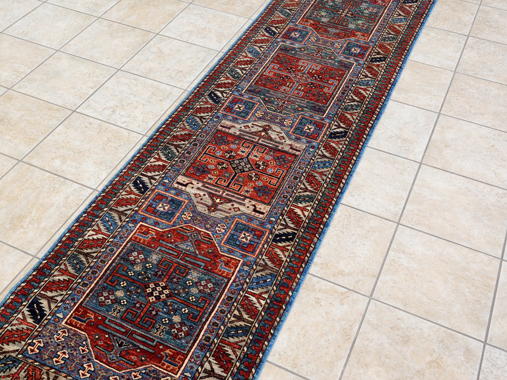 10 Ft Blue Oriental Runner Rug - Hand Knotted Afghan Rug