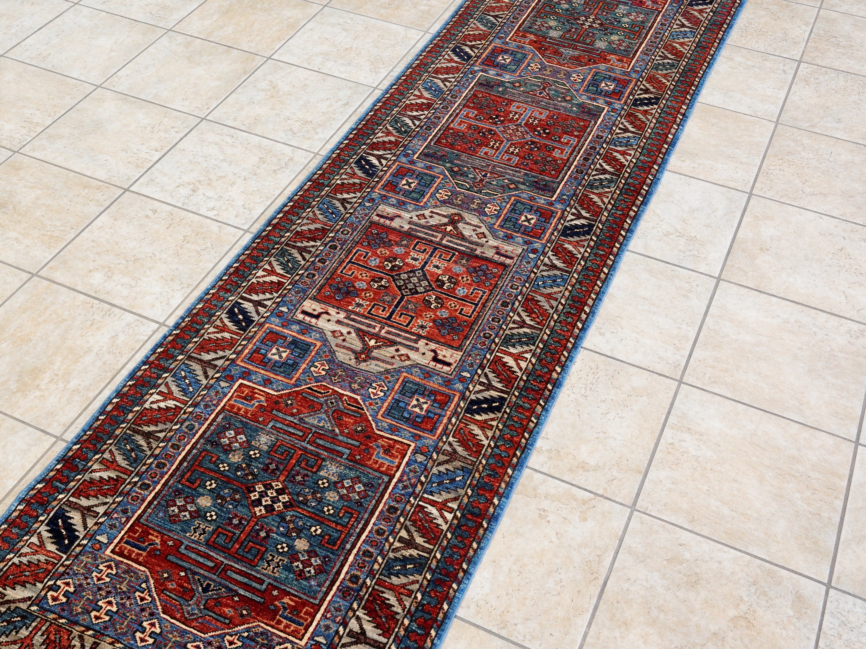 10 Ft Blue Oriental Runner Rug - Hand Knotted Afghan Rug