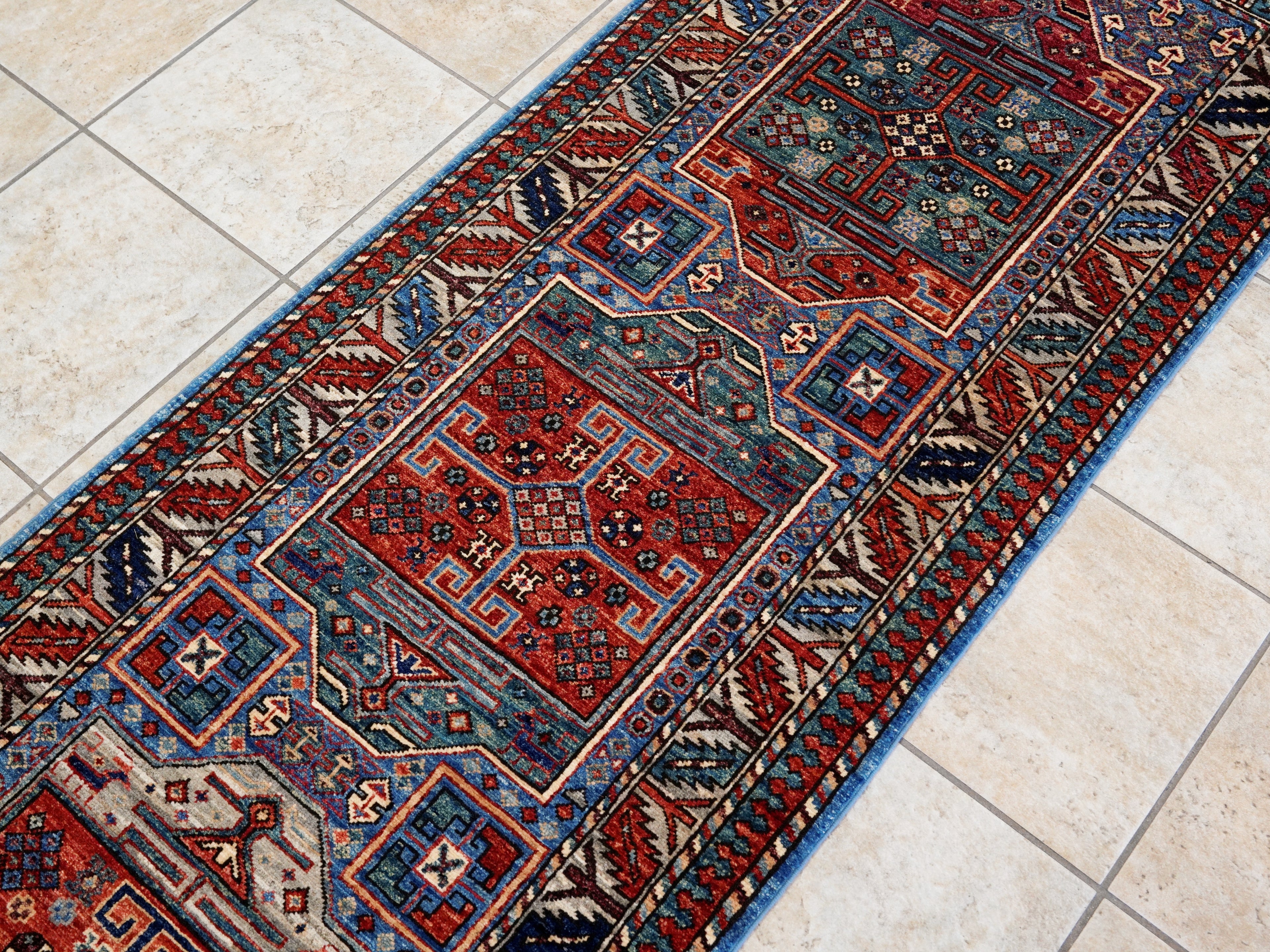 10 Ft Blue Oriental Runner Rug - Hand Knotted Afghan Rug