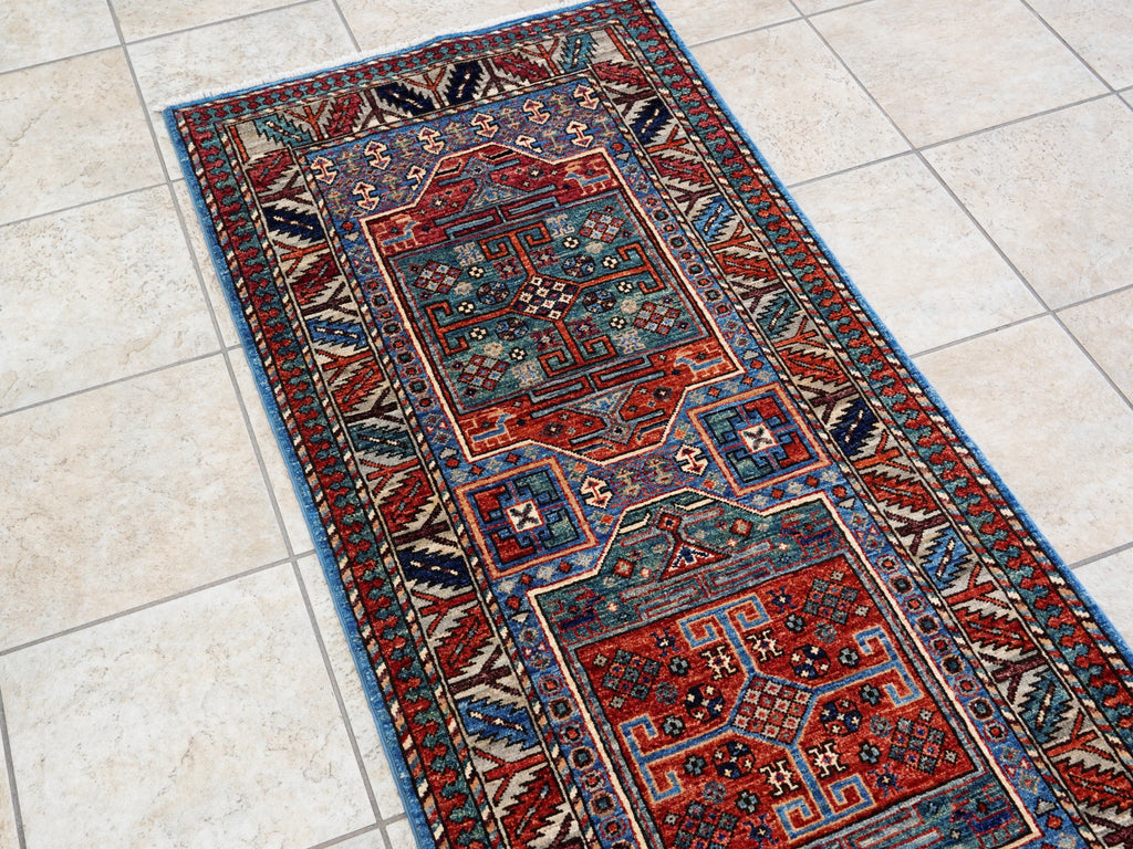 10 Ft Blue Oriental Runner Rug - Hand Knotted Afghan Rug