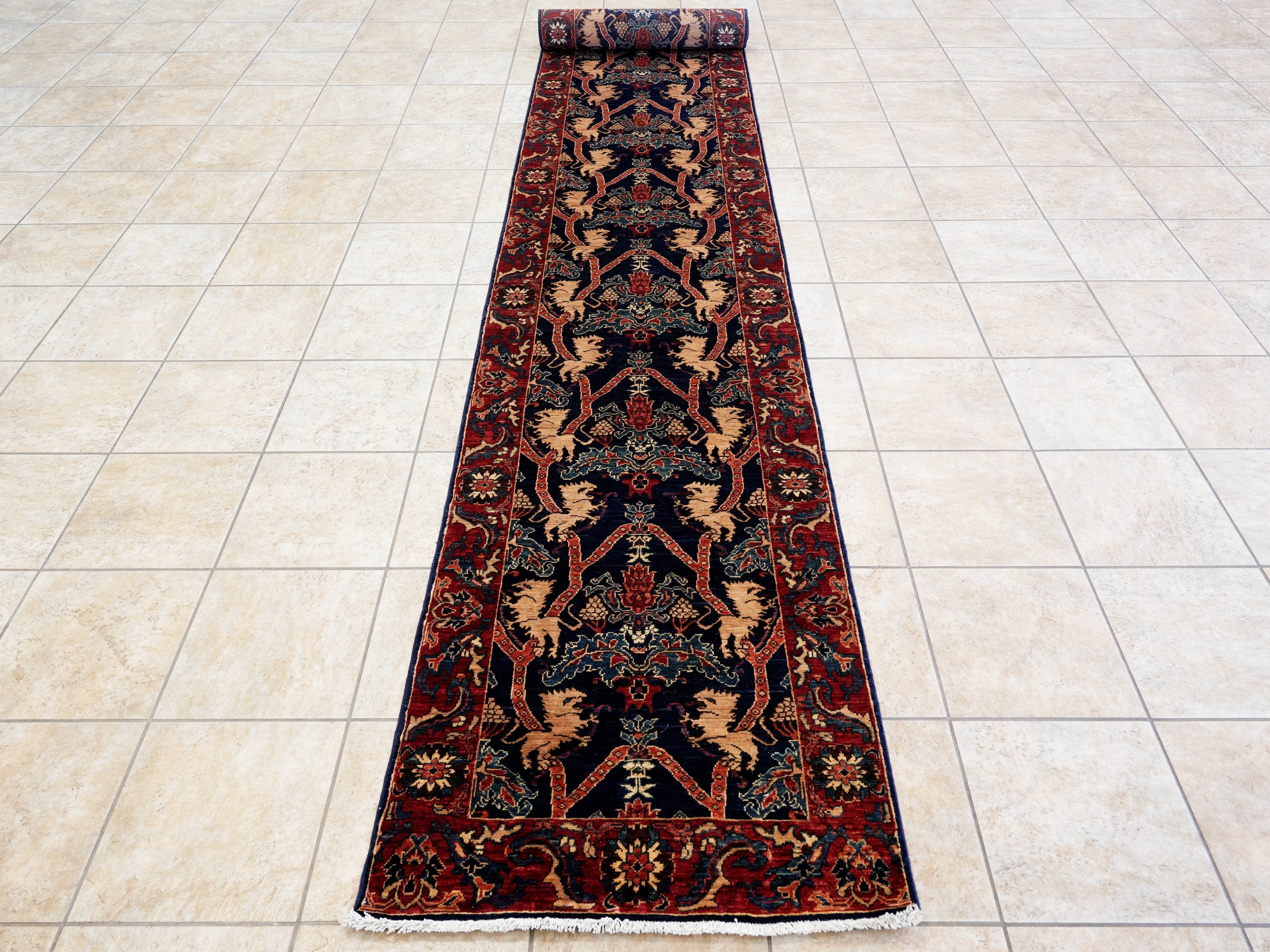 17 Ft Navy Blue Oriental Runner Rug - Hand Knotted Afghan Runner