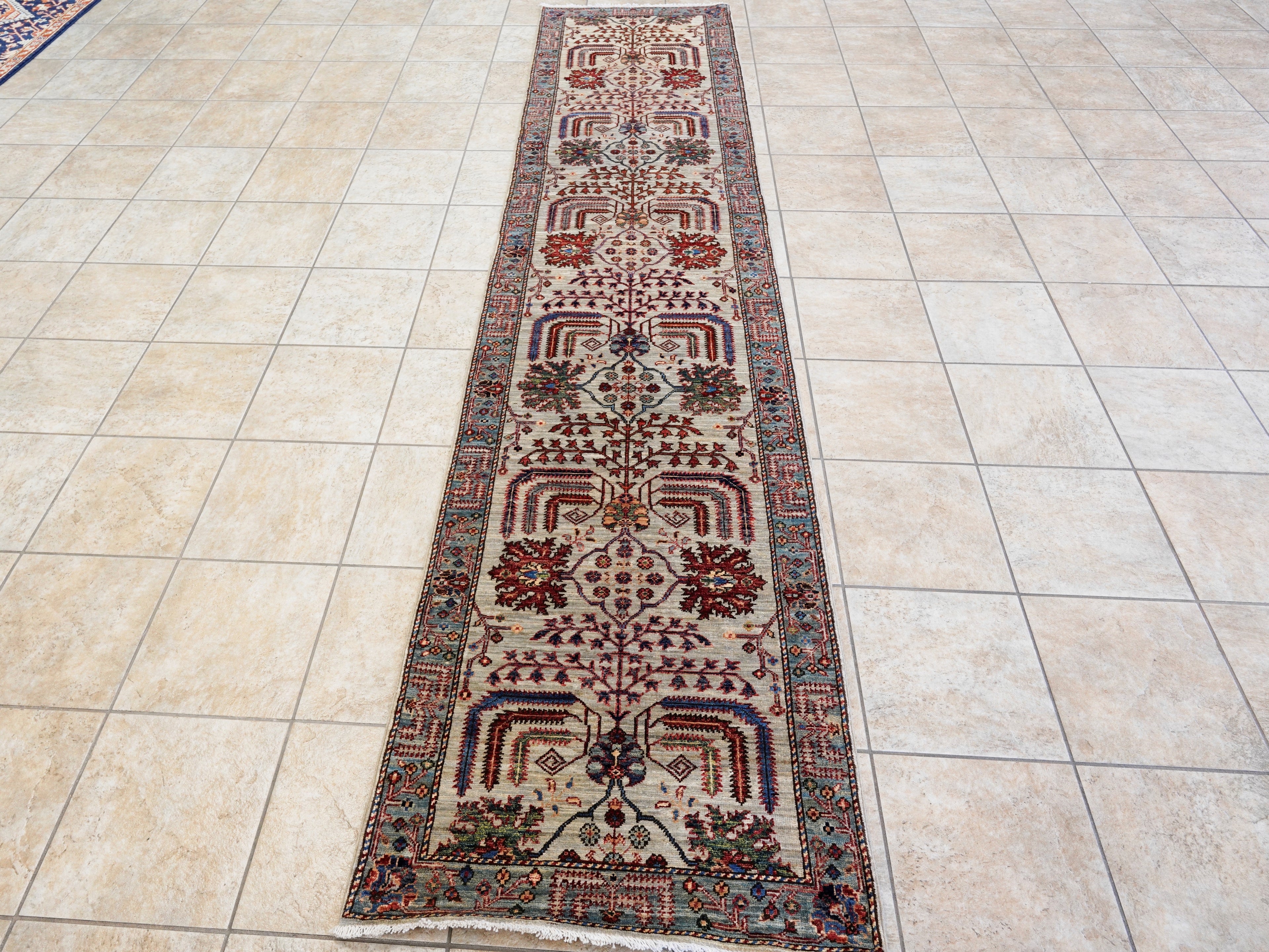 12 Ft Silver Floral Runner Rug - Afghan Hand Knotted Rug