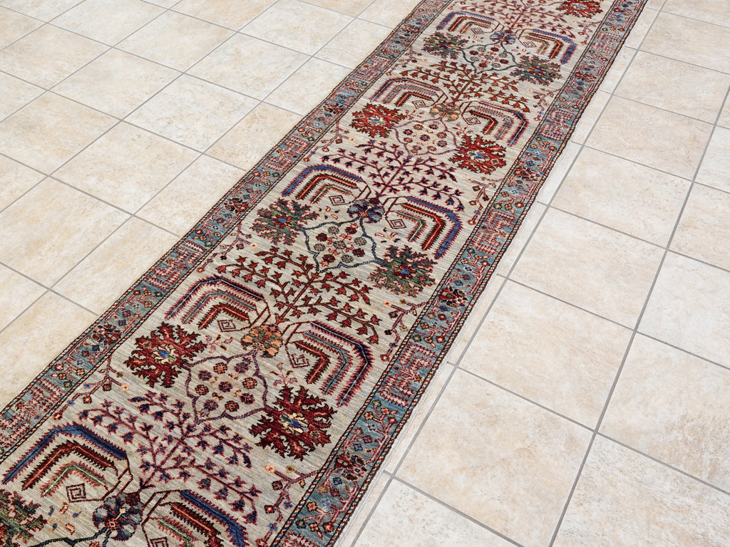 12 Ft Silver Floral Runner Rug - Afghan Hand Knotted Rug