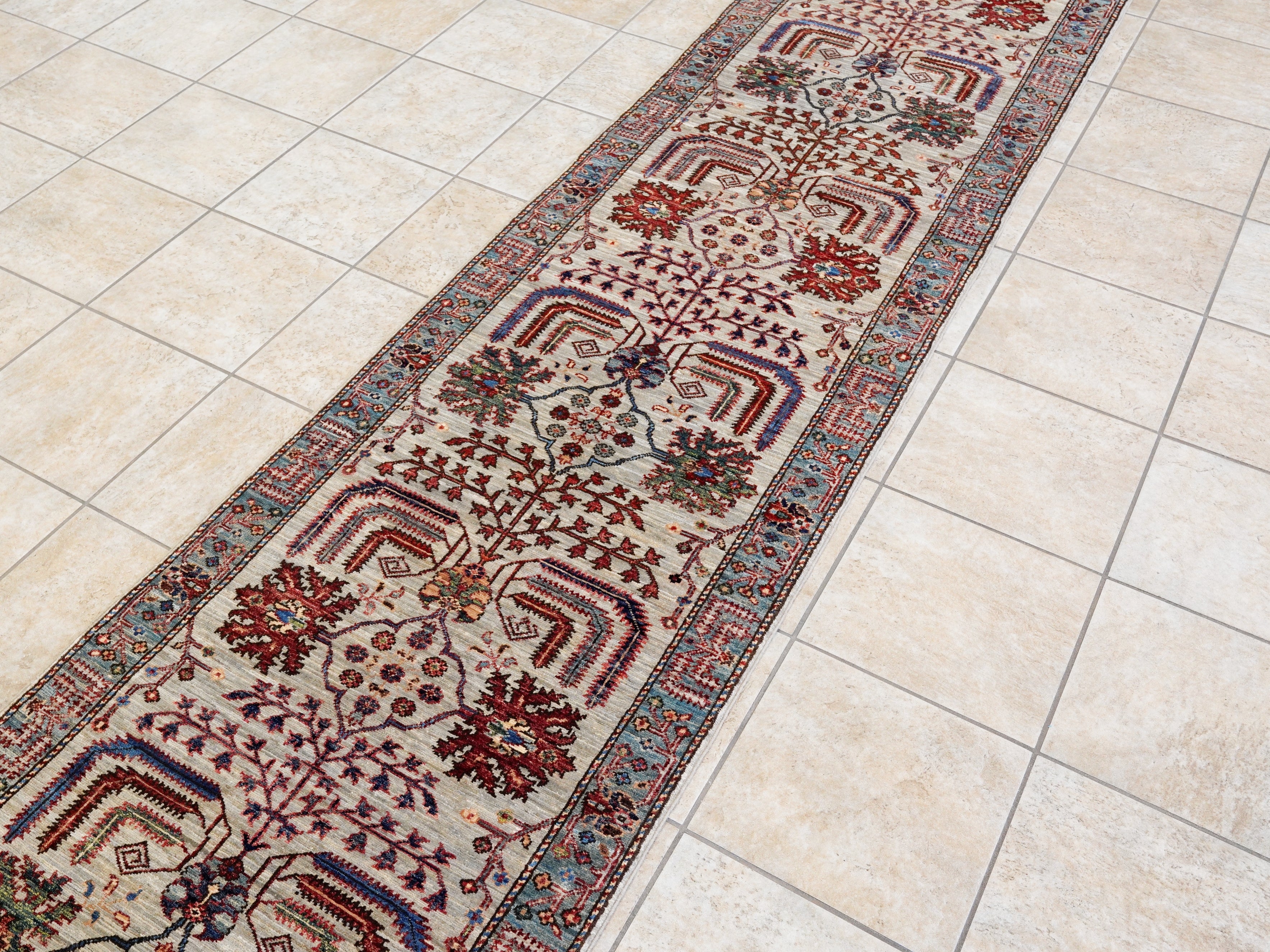 12 Ft Silver Floral Runner Rug - Afghan Hand Knotted Rug