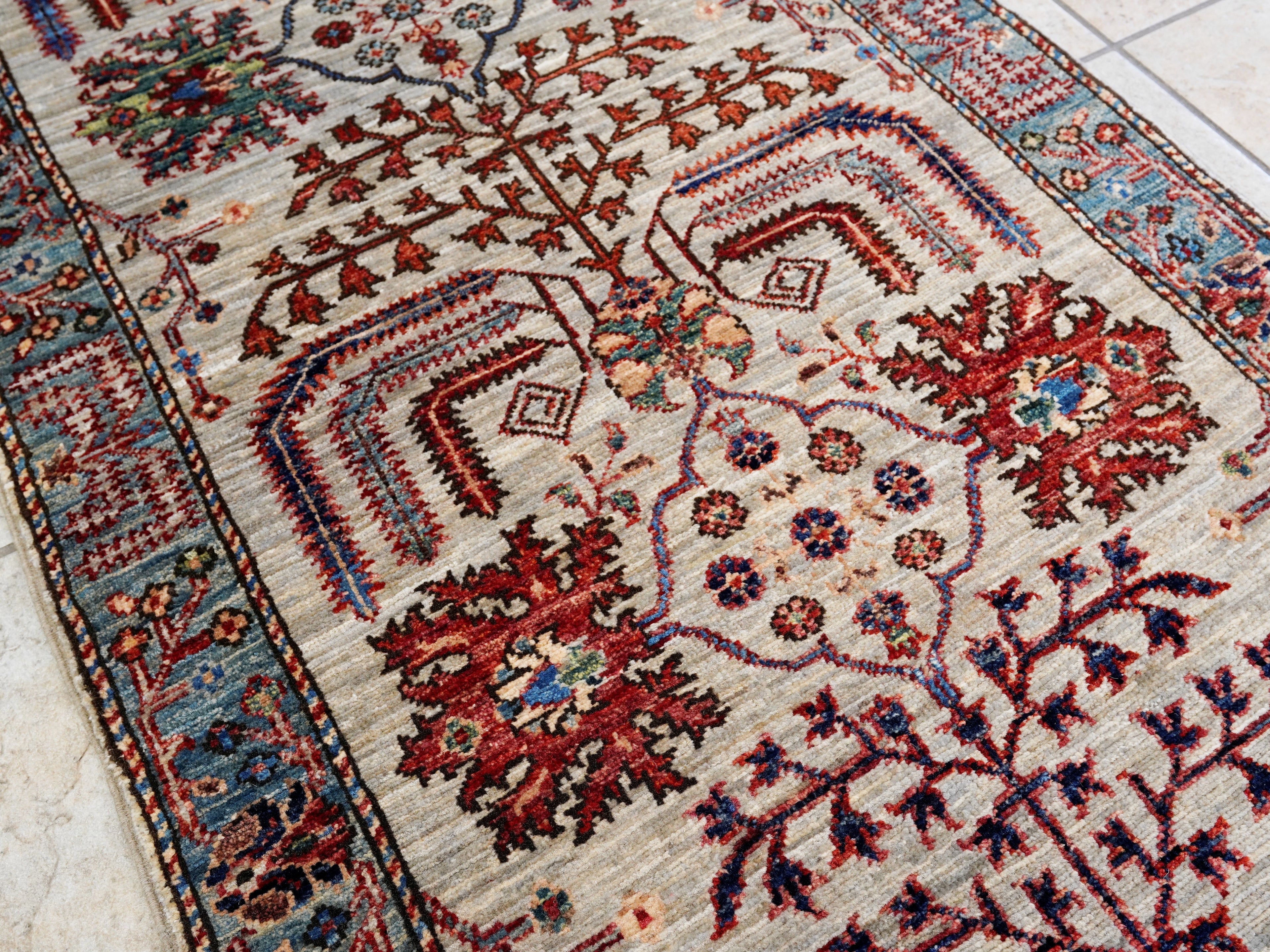 12 Ft Silver Floral Runner Rug - Afghan Hand Knotted Rug
