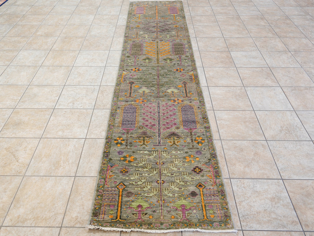 12 Ft Green Floral Runner Rug - Afghan Hand Knotted Rug