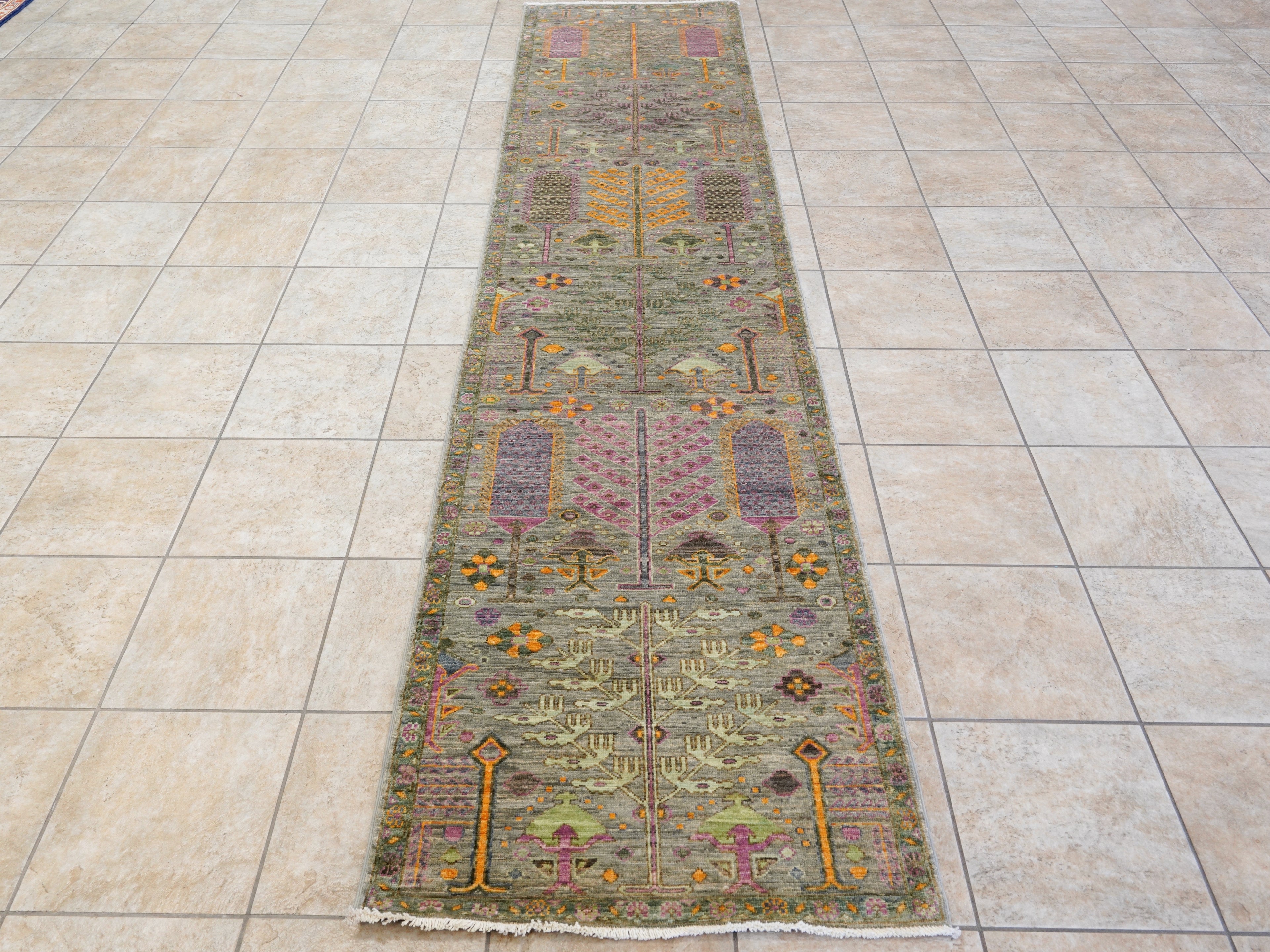 12 Ft Green Floral Runner Rug - Afghan Hand Knotted Rug