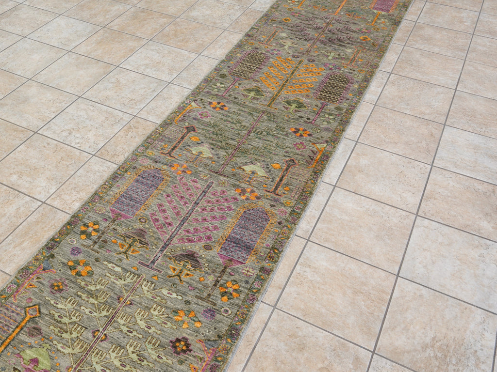 12 Ft Green Floral Runner Rug - Afghan Hand Knotted Rug
