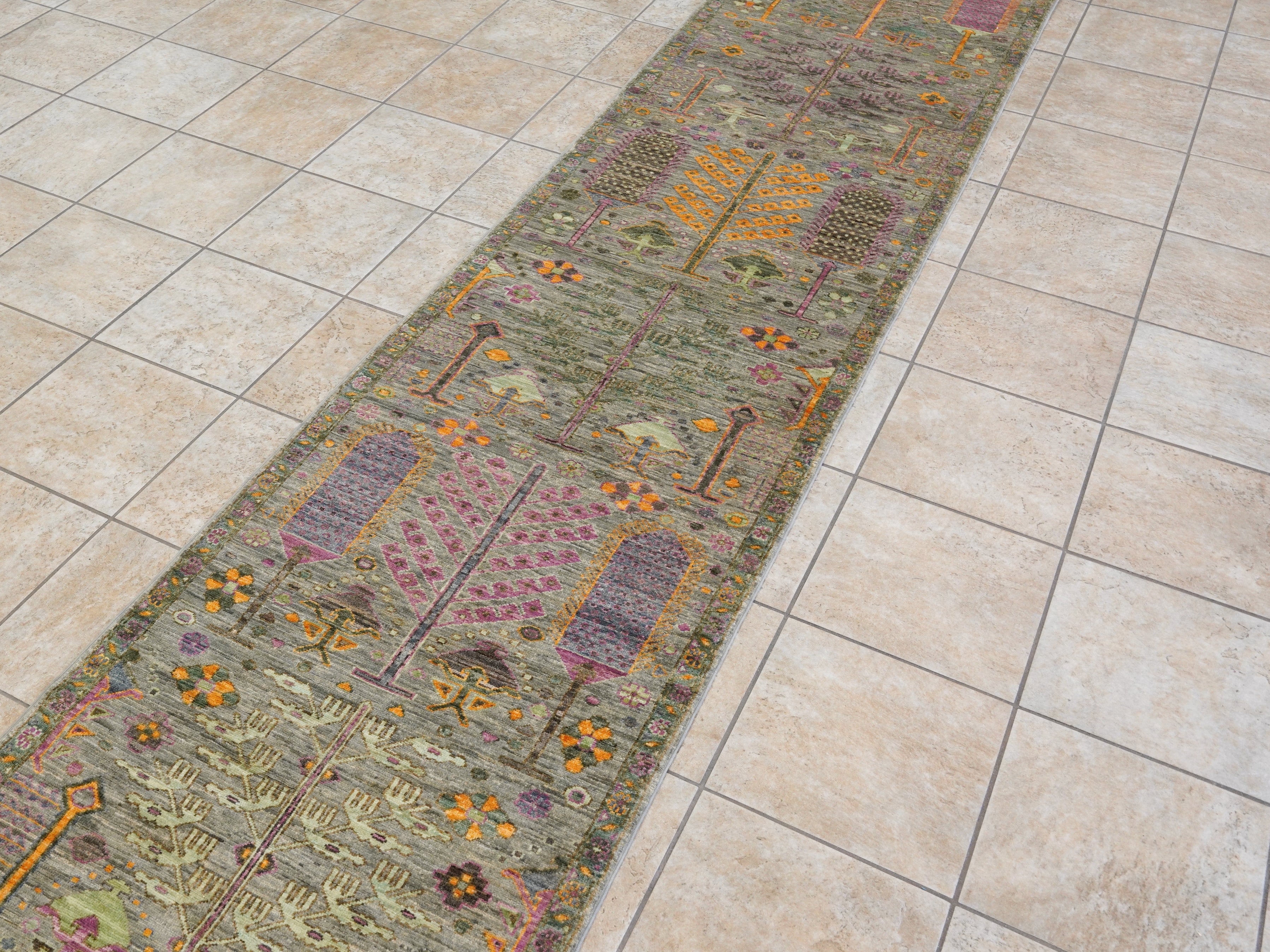 12 Ft Green Floral Runner Rug - Afghan Hand Knotted Rug