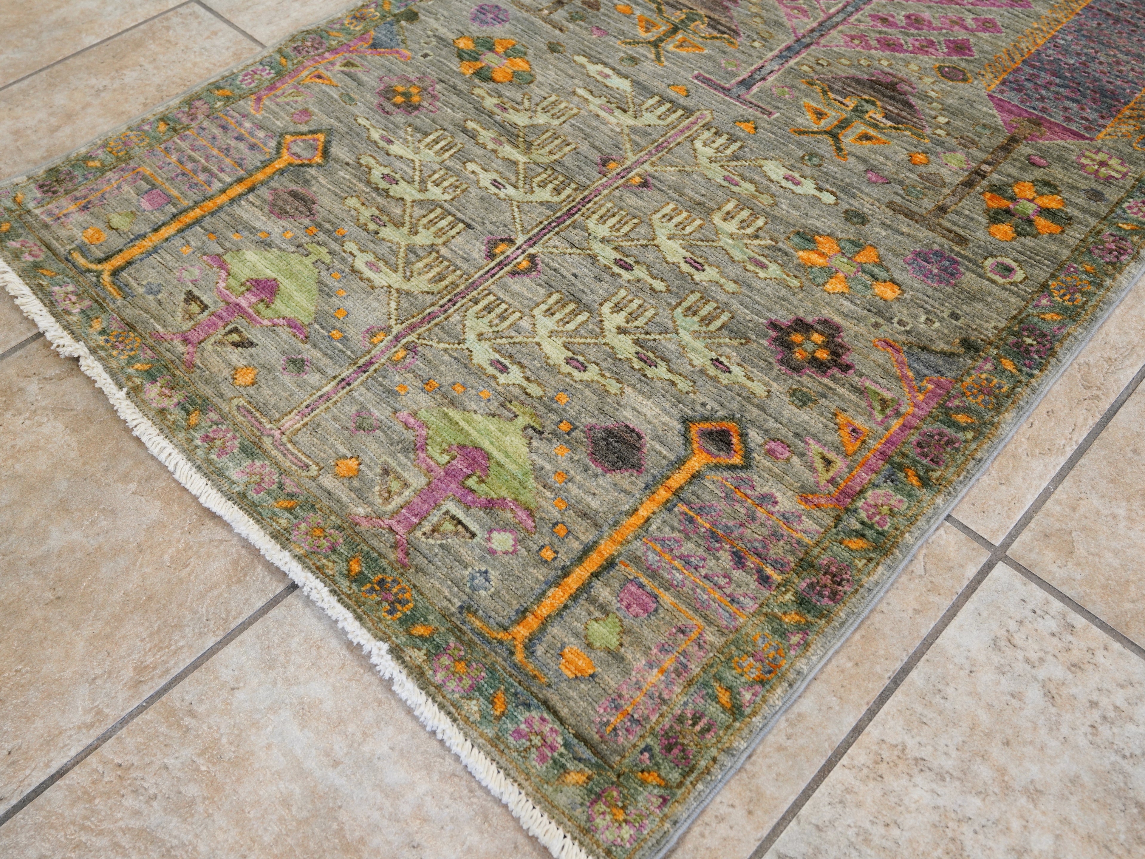12 Ft Green Floral Runner Rug - Afghan Hand Knotted Rug