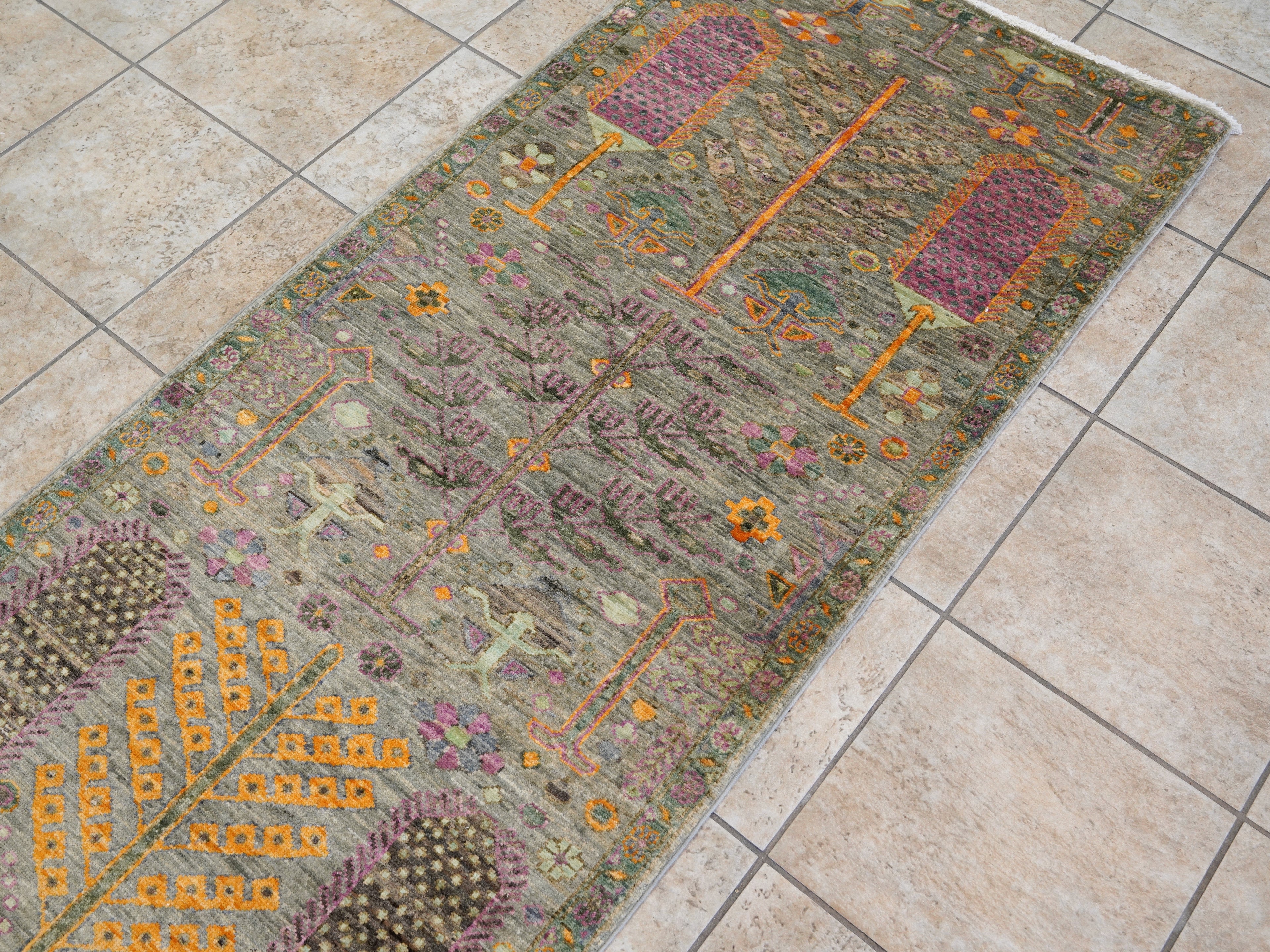 12 Ft Green Floral Runner Rug - Afghan Hand Knotted Rug
