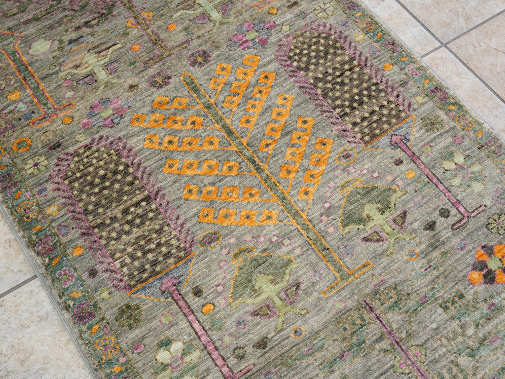 12 Ft Green Floral Runner Rug - Afghan Hand Knotted Rug