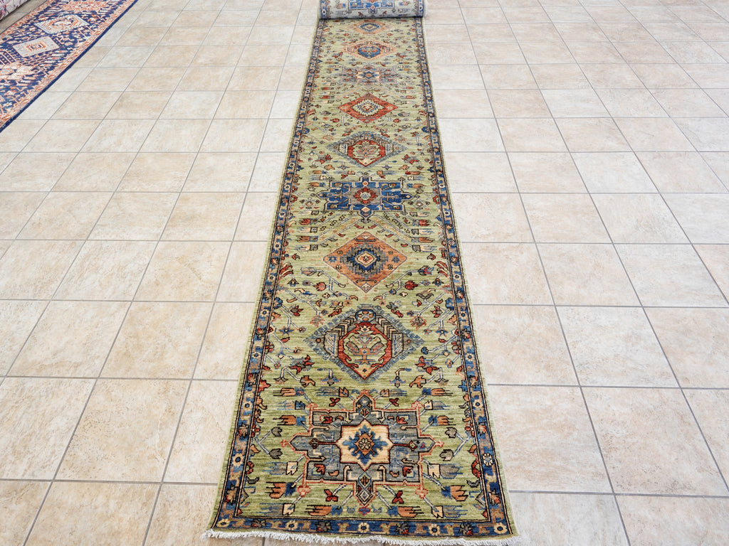 18 Ft Green Oriental Runner Rug - Hand Knotted Afghan Runner