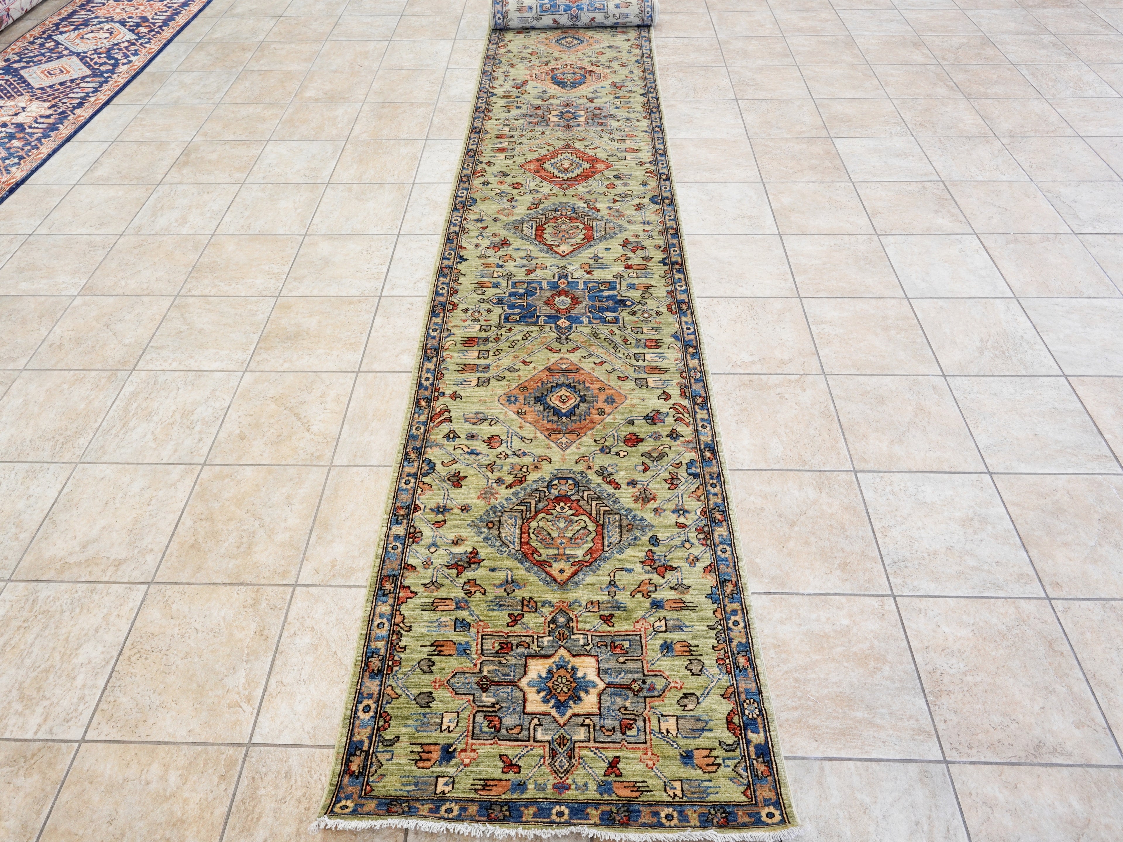 18 Ft Green Oriental Runner Rug - Hand Knotted Afghan Runner
