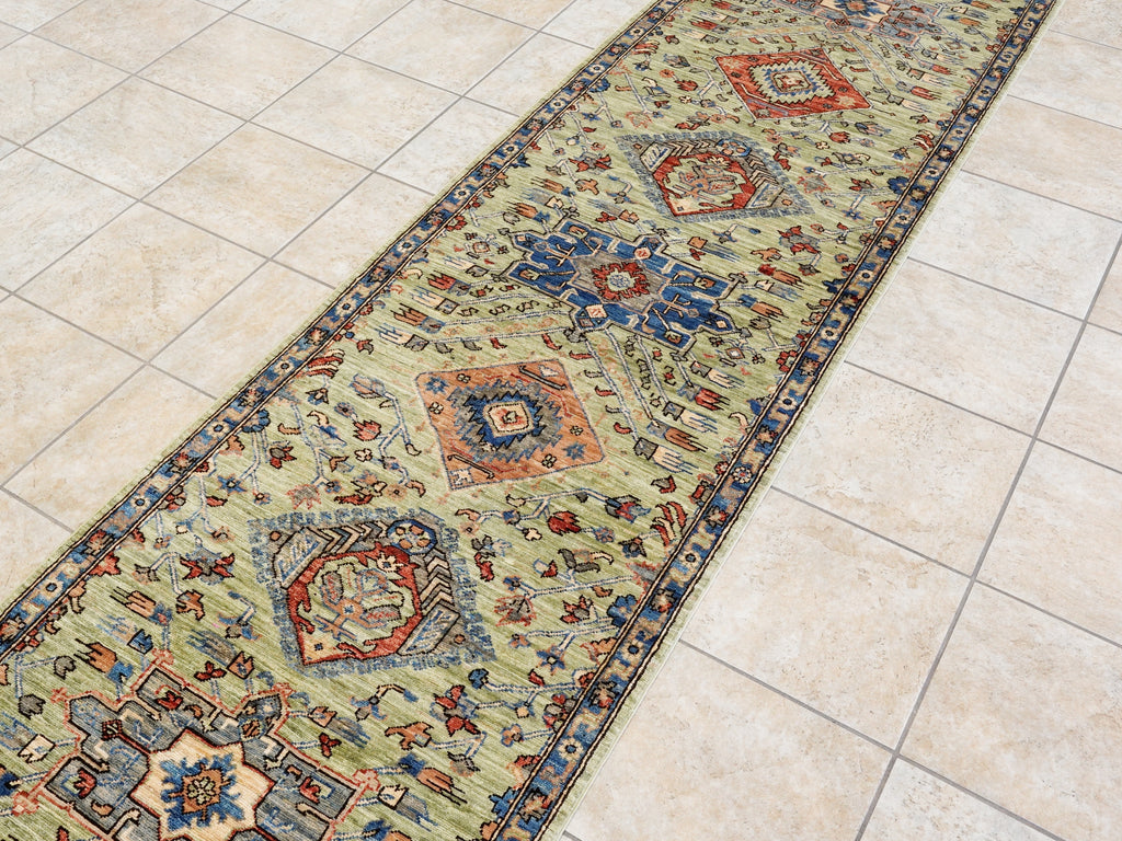 18 Ft Green Oriental Runner Rug - Hand Knotted Afghan Runner