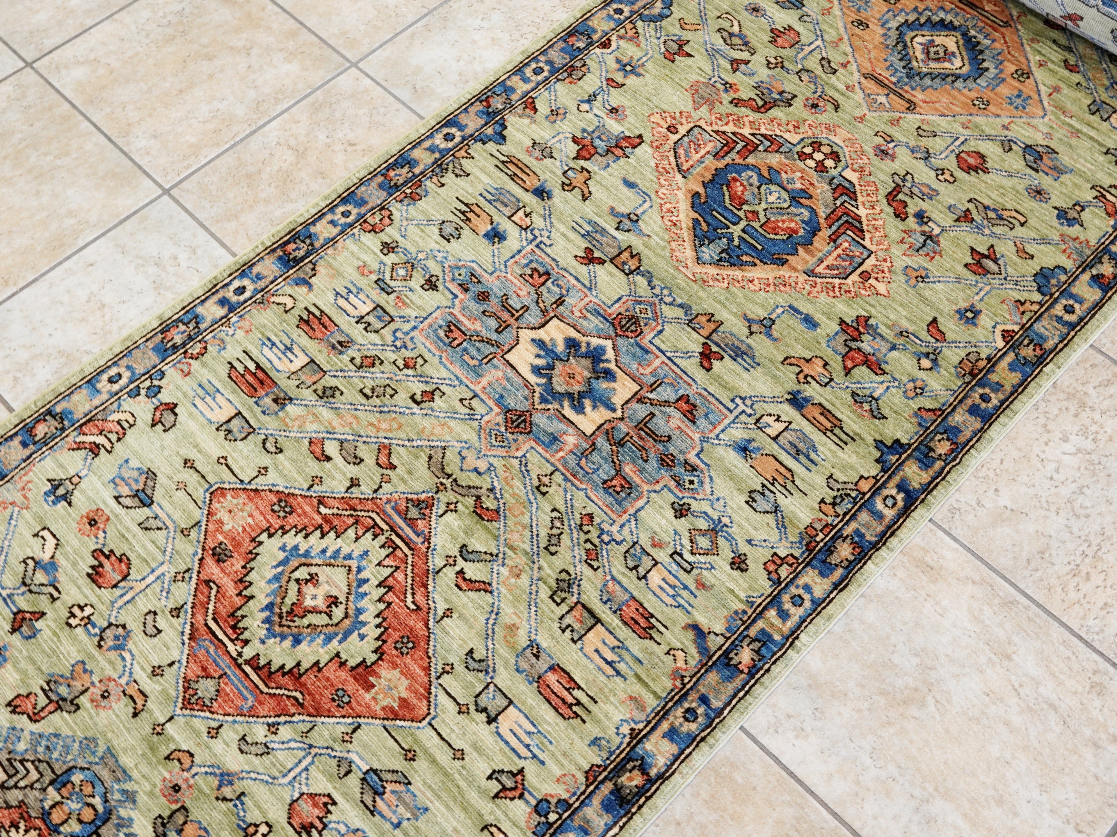18 Ft Green Oriental Runner Rug - Hand Knotted Afghan Runner