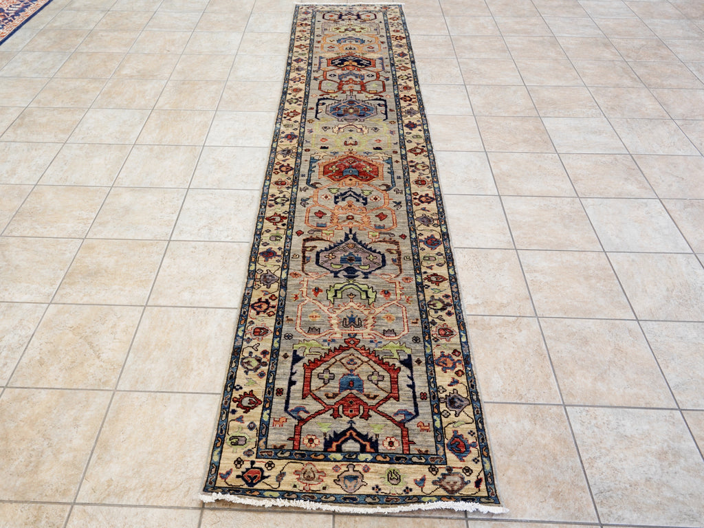 12 Ft Silver Floral Runner Rug - Afghan Hand Knotted Rug
