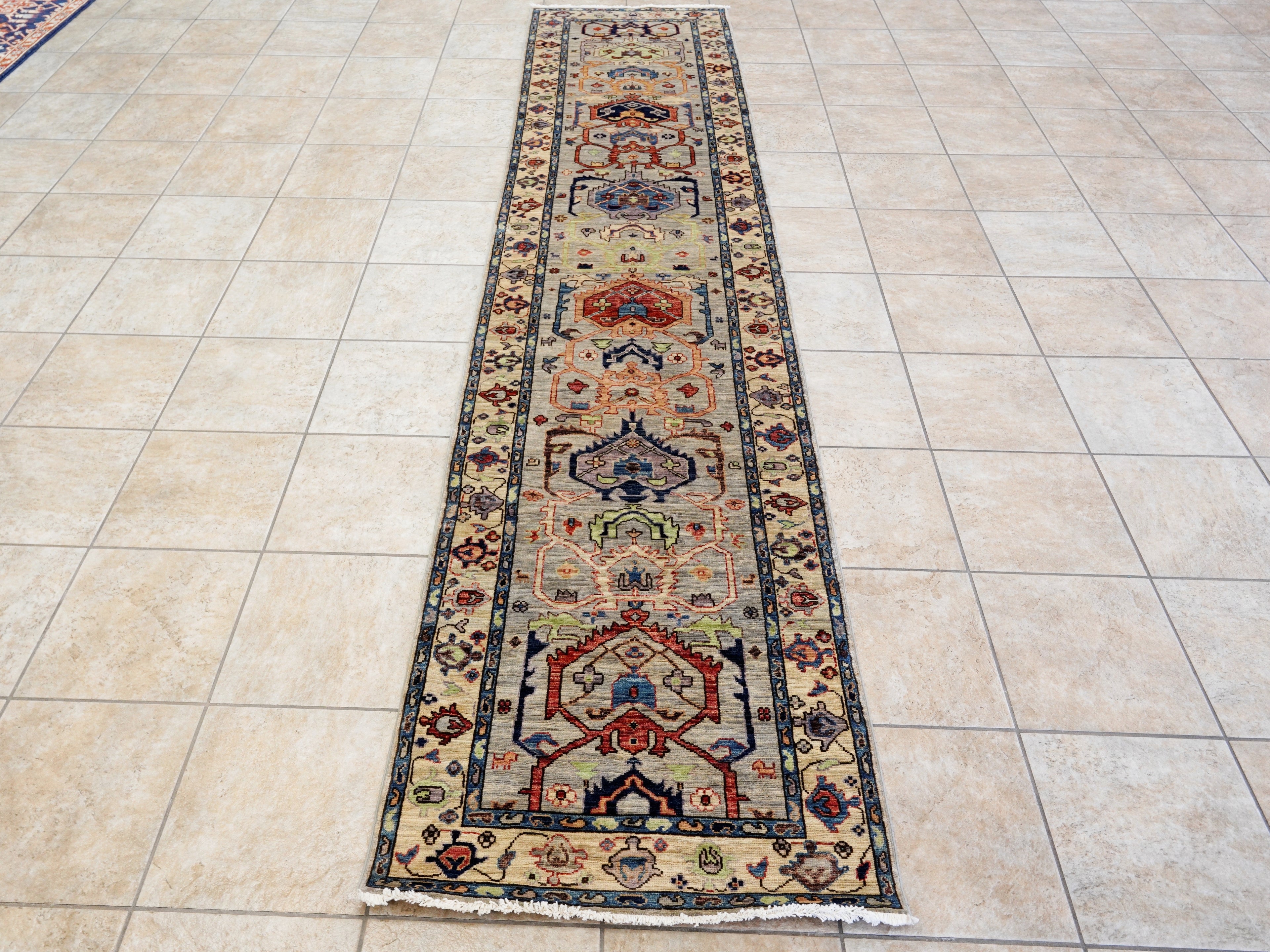 12 Ft Silver Floral Runner Rug - Afghan Hand Knotted Rug