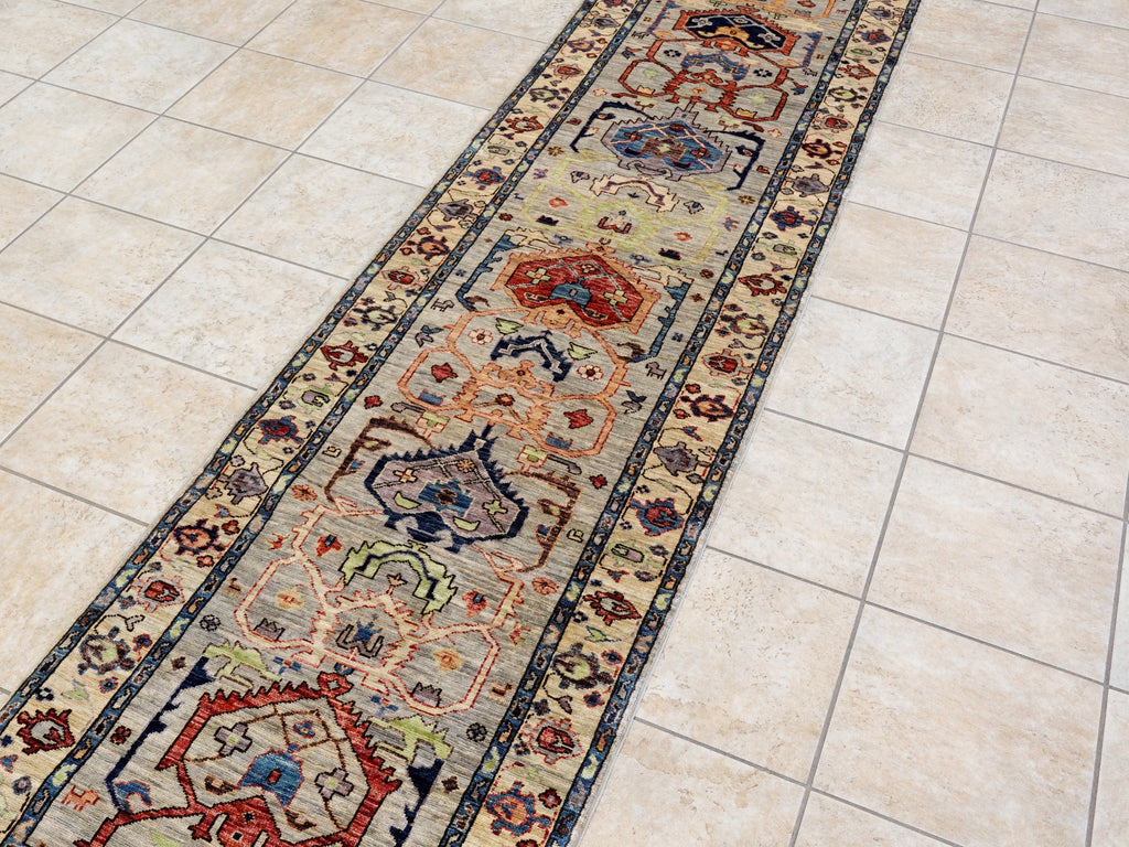 12 Ft Silver Floral Runner Rug - Afghan Hand Knotted Rug