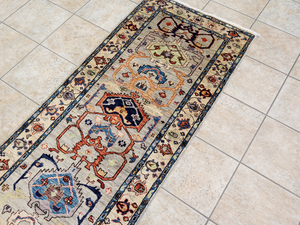 12 Ft Silver Floral Runner Rug - Afghan Hand Knotted Rug