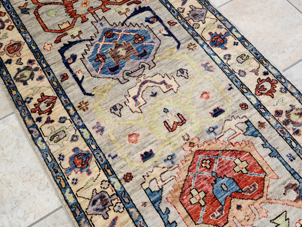 12 Ft Silver Floral Runner Rug - Afghan Hand Knotted Rug
